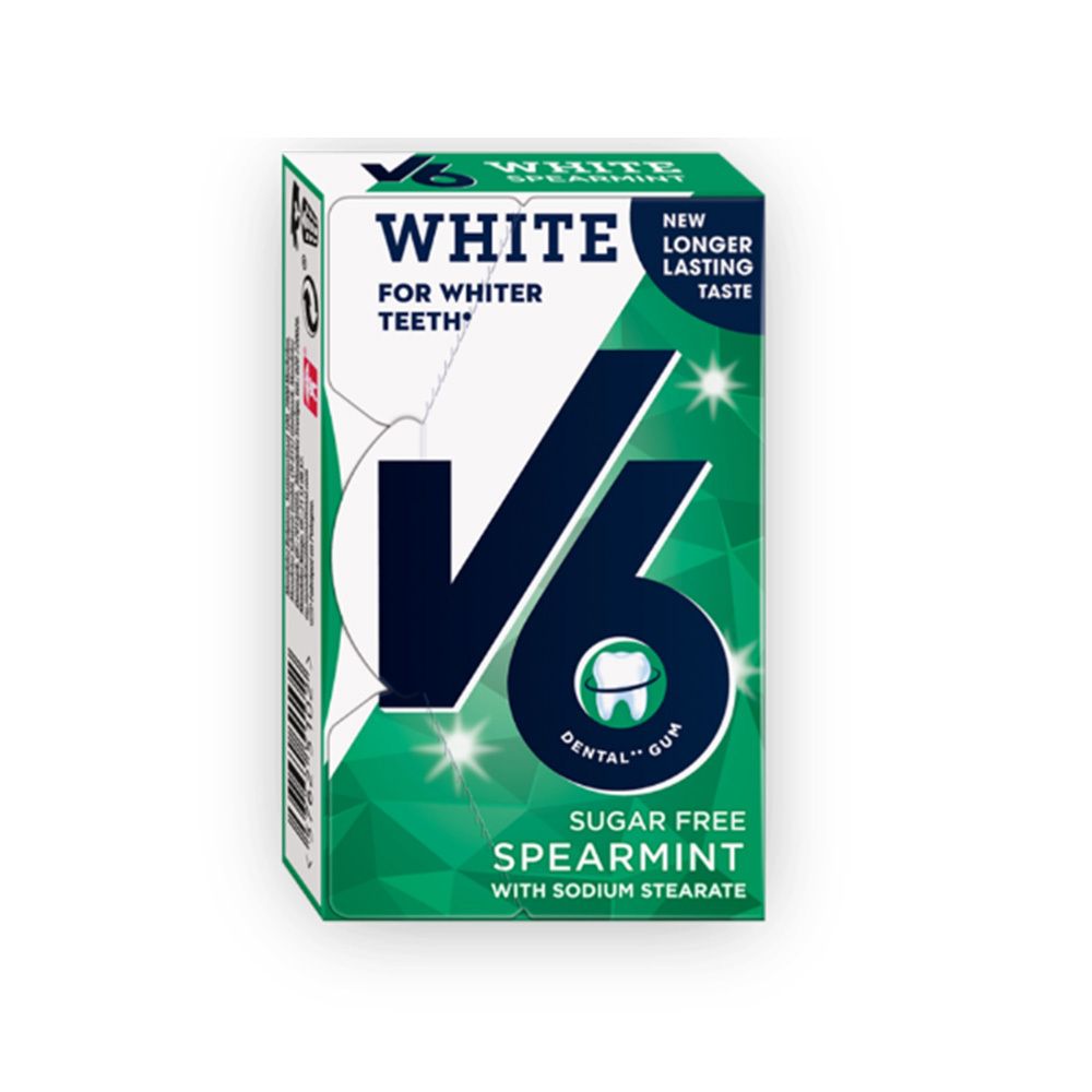V6 White Spearmint paquet de chewing-gum, sans sucre, pour dents plus blanches.