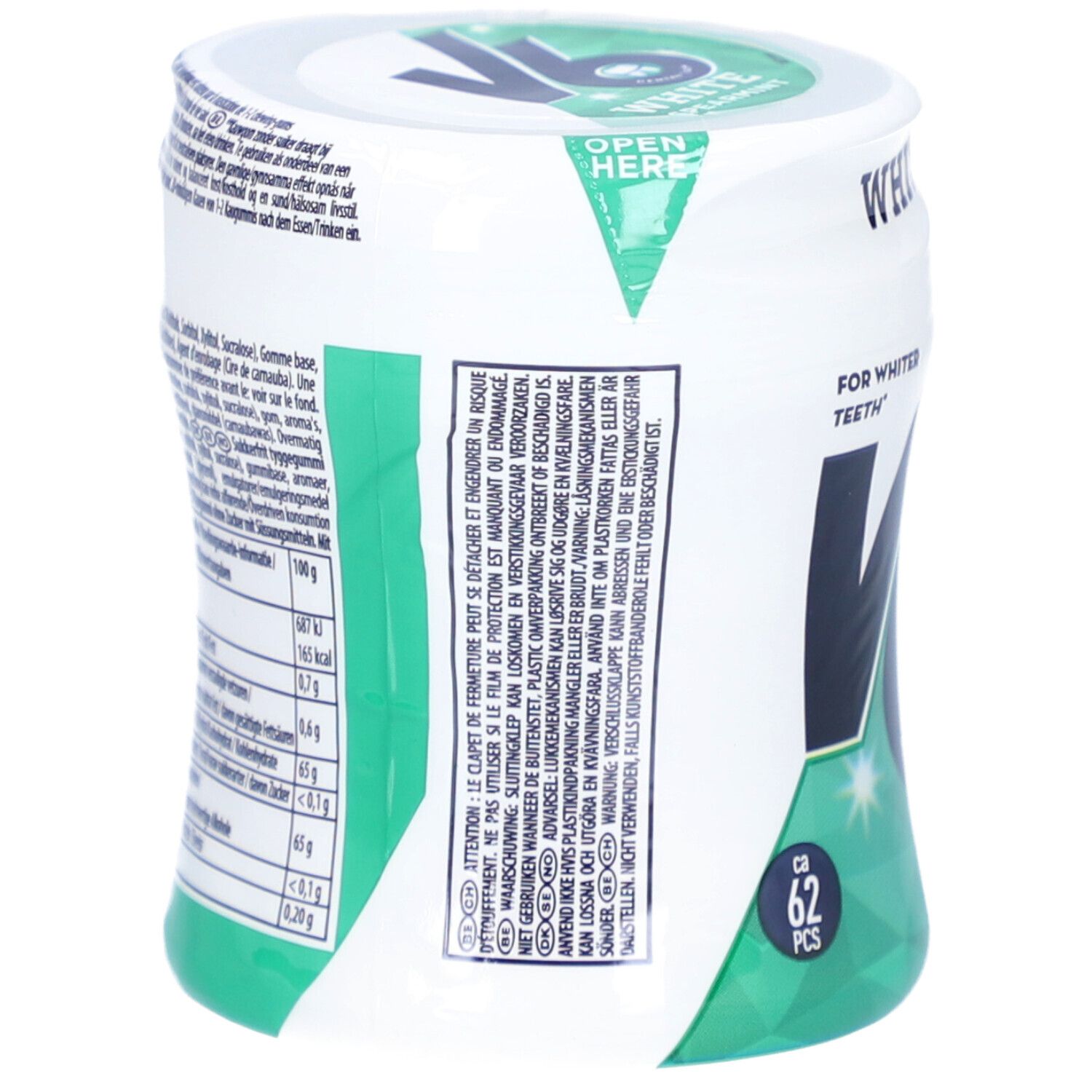 Dos de la boîte de chewing-gum V6 White. Texte multilingue. Contient des informations et des avertissements.