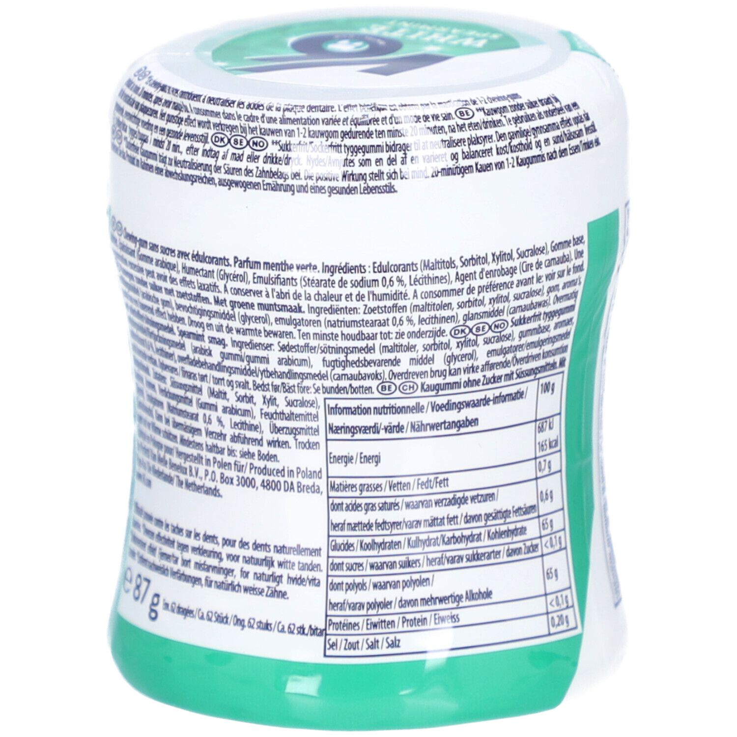 Dos de la boîte de chewing-gum V6 White. Contient des informations sur les ingrédients et les valeurs nutritionnelles.