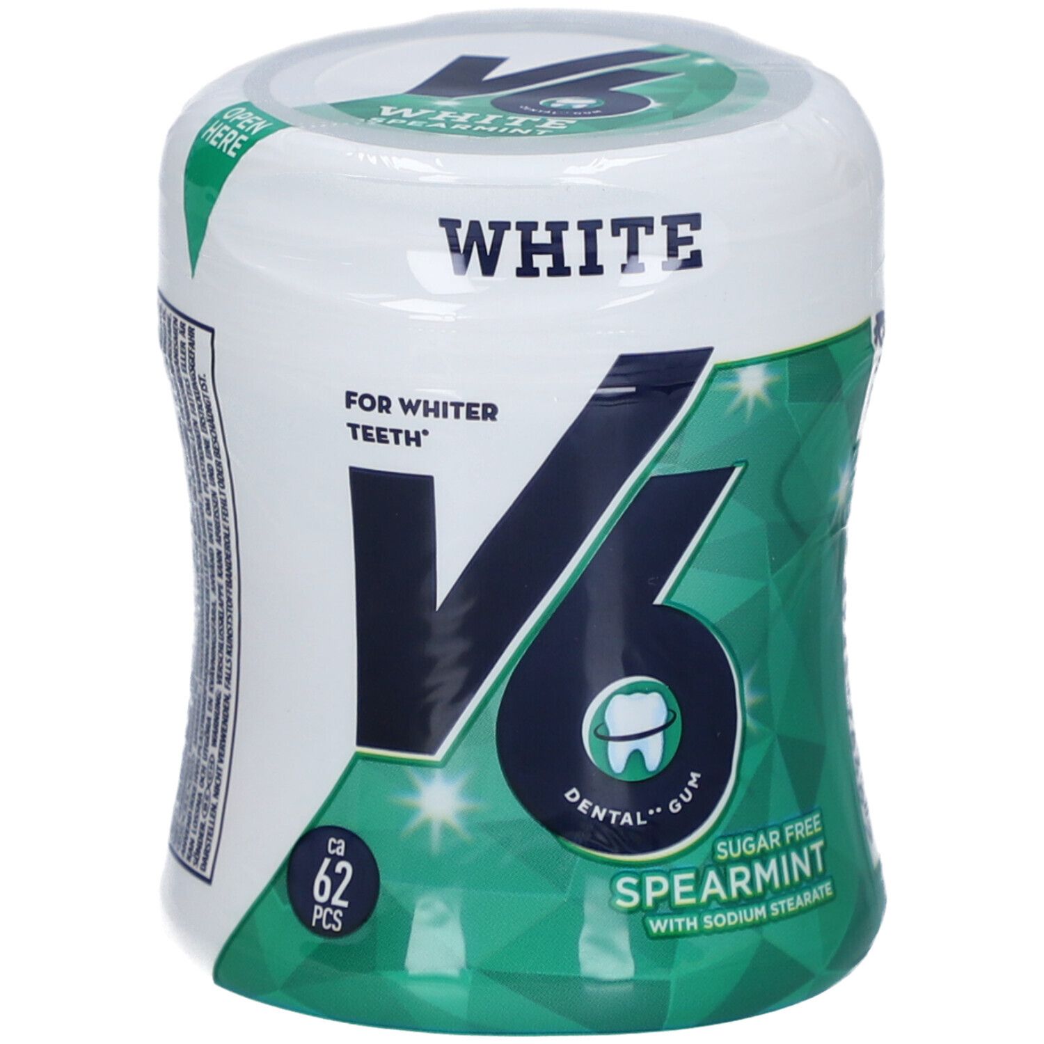 Boîte blanche de chewing-gum V6 White. Inscription : "FOR WHITER TEETH", "SUGAR FREE SPEARMINT". Contient environ 62 pièces.