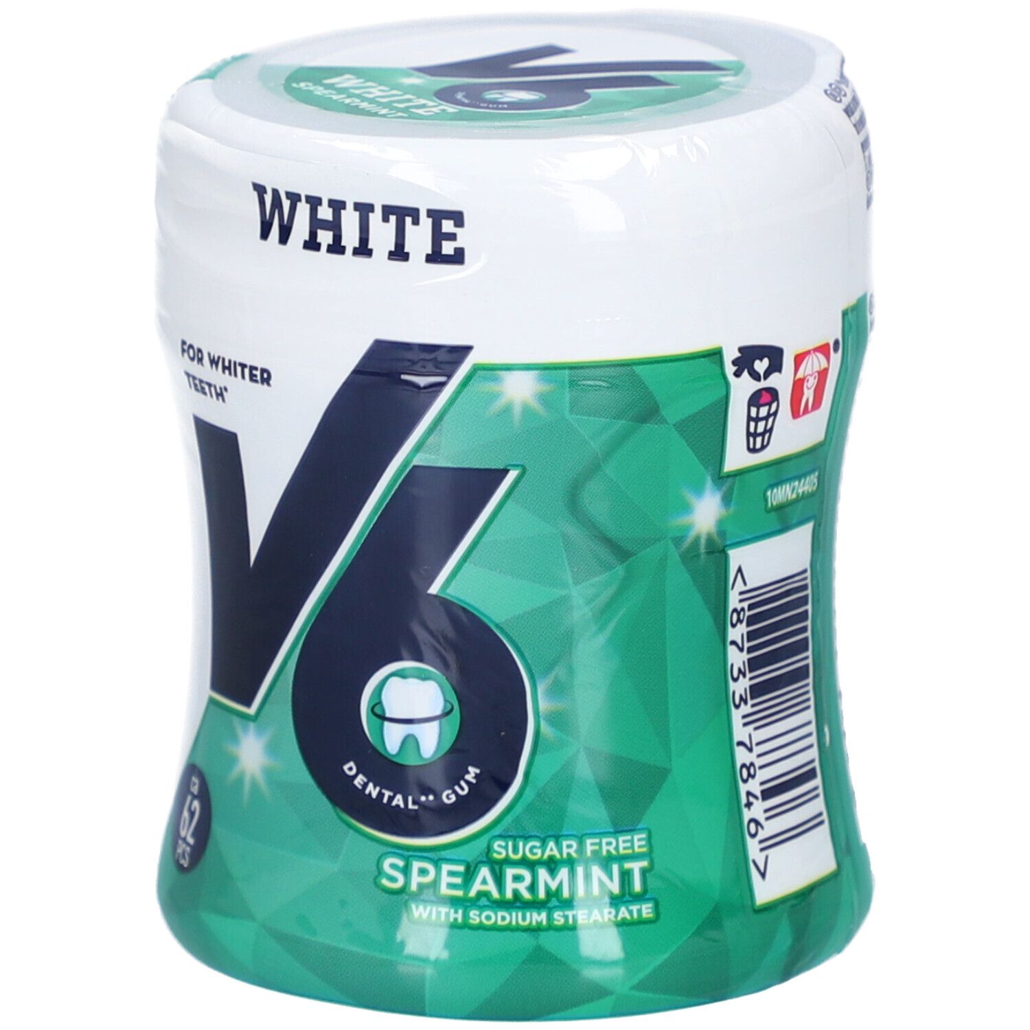 Boîte blanche de chewing-gum V6 White. Inscription : "FOR WHITER TEETH", "SUGAR FREE SPEARMINT". Avec code-barres.