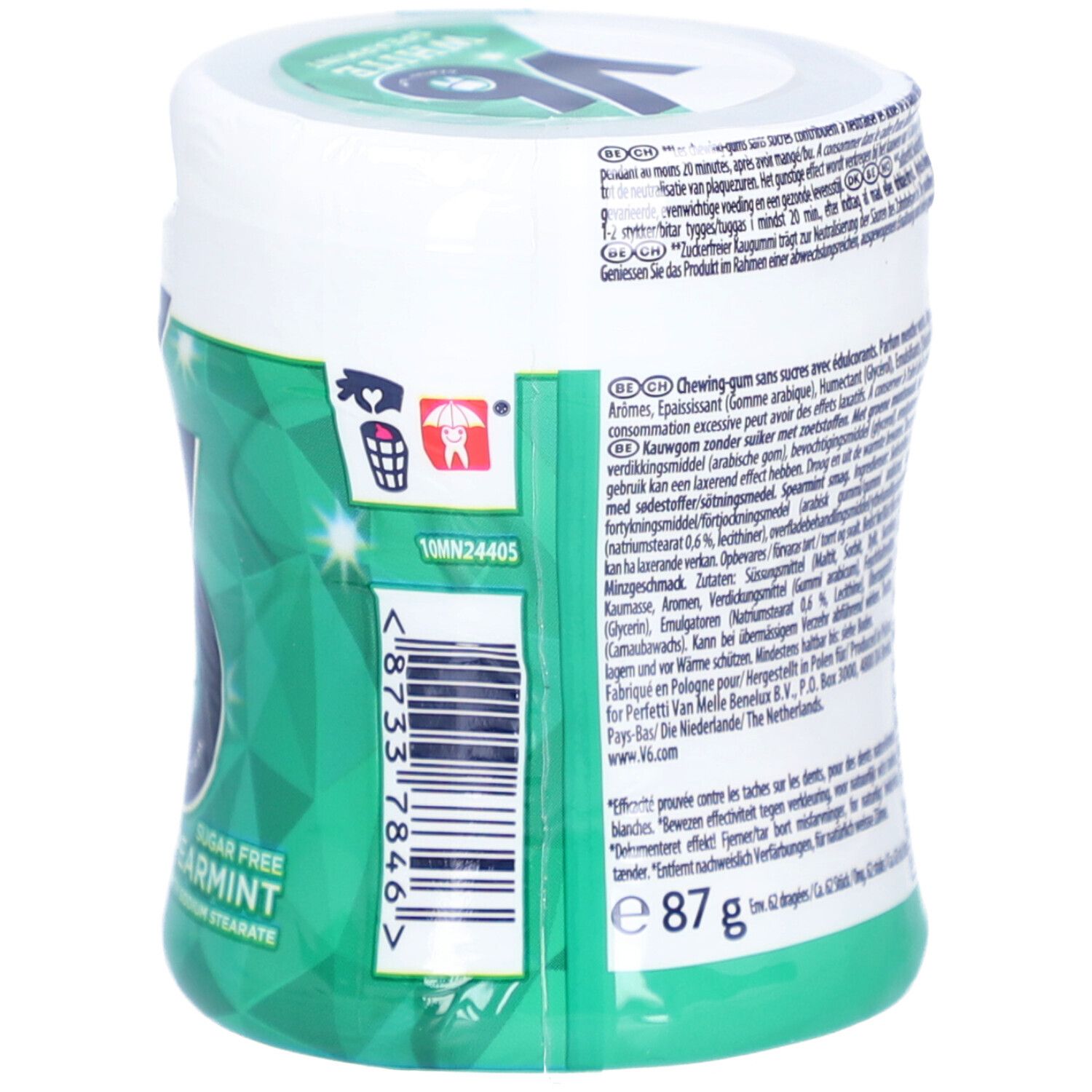 Dos de la boîte de chewing-gum V6 White. Avec code-barres et texte. Contient des informations et des avertissements.