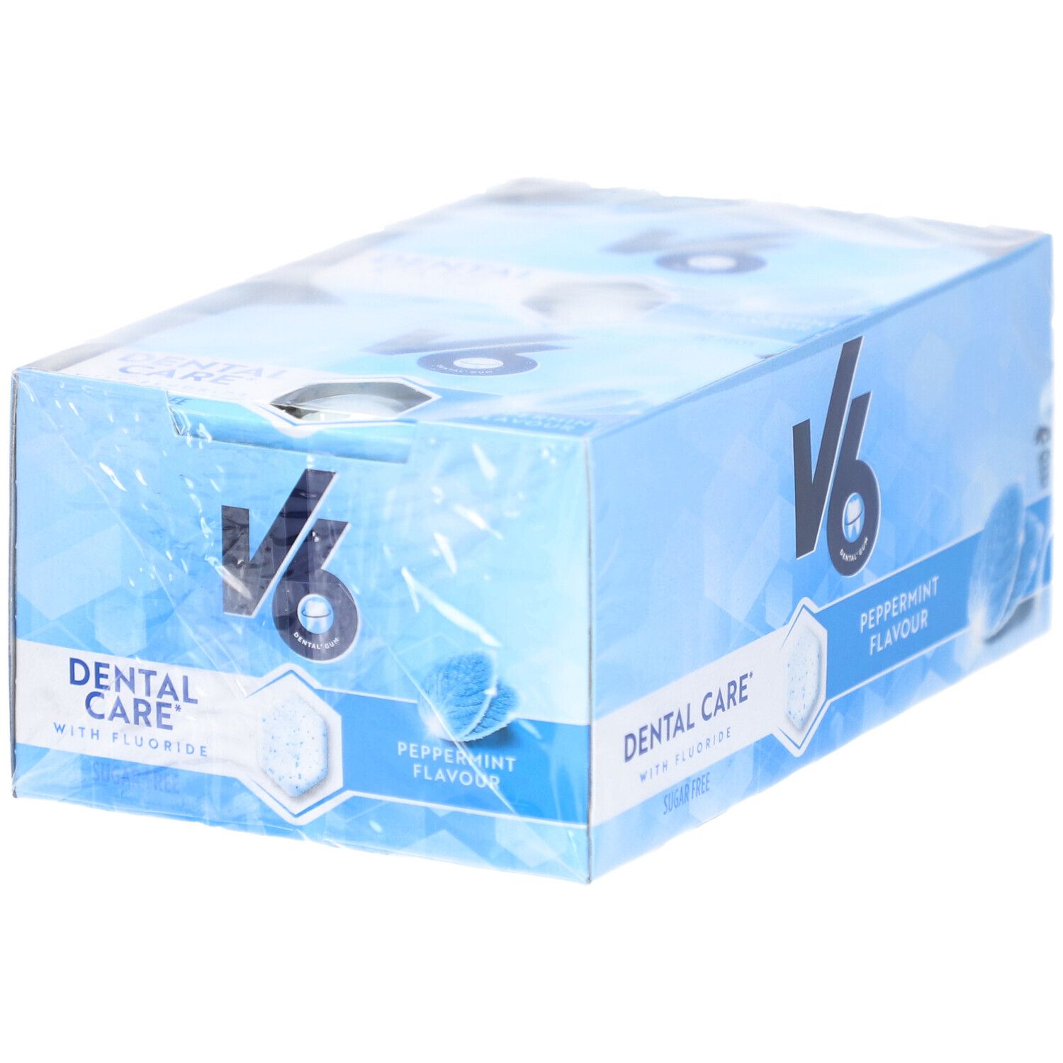 Blau-weiß Verpackung mit V6 Logo und Schriftzug 'Dental Care'. Enthält Peppermint Kaugummi. Zuckerfrei.