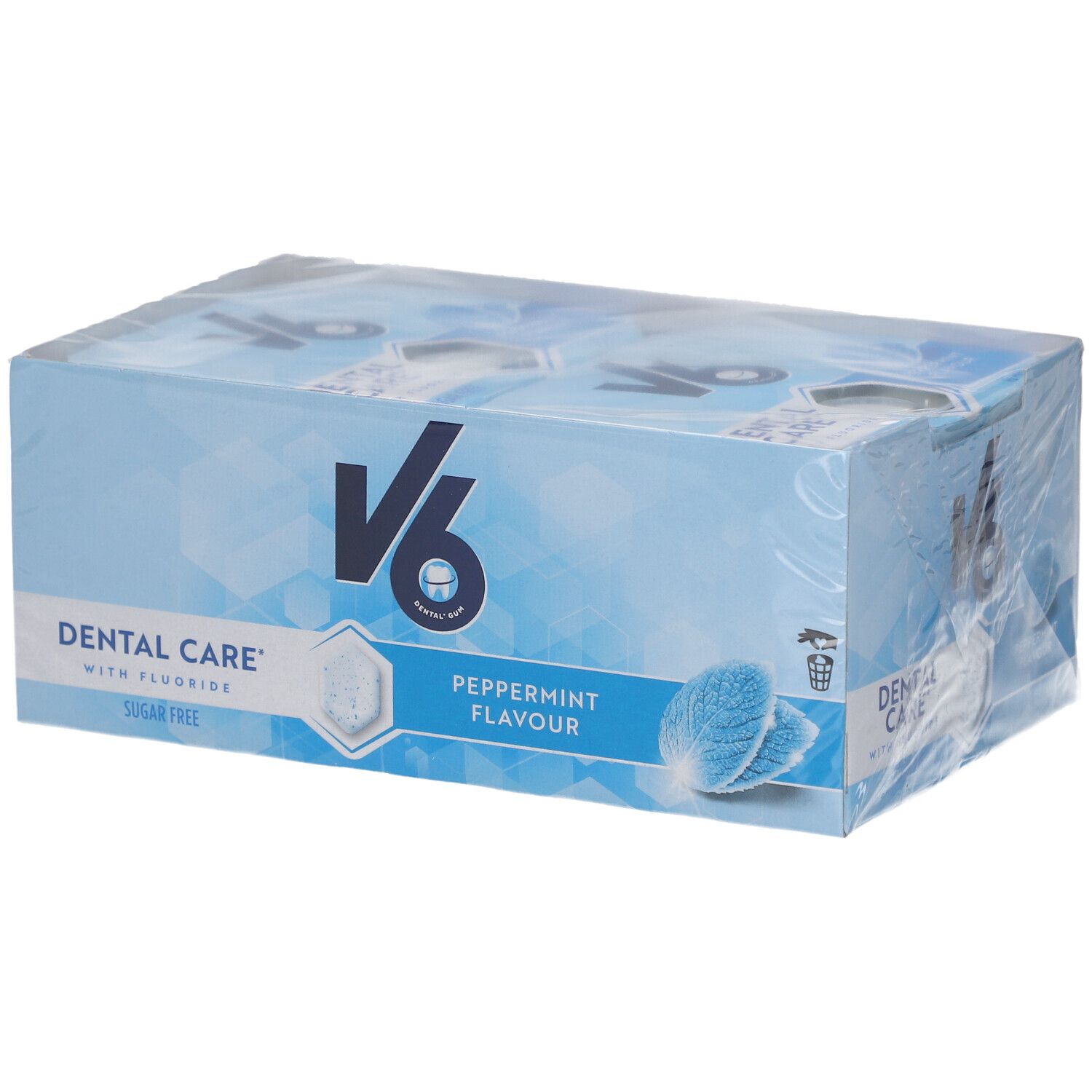 Blau-weiß Verpackung mit V6 Logo und Schriftzug 'Dental Care'. Enthält Peppermint Kaugummi. Zuckerfrei.