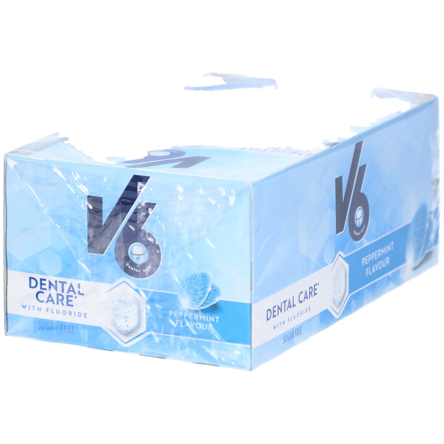 Blau-weiß Verpackung mit V6 Logo und Schriftzug 'Dental Care'. Enthält Peppermint Kaugummi. Zuckerfrei.