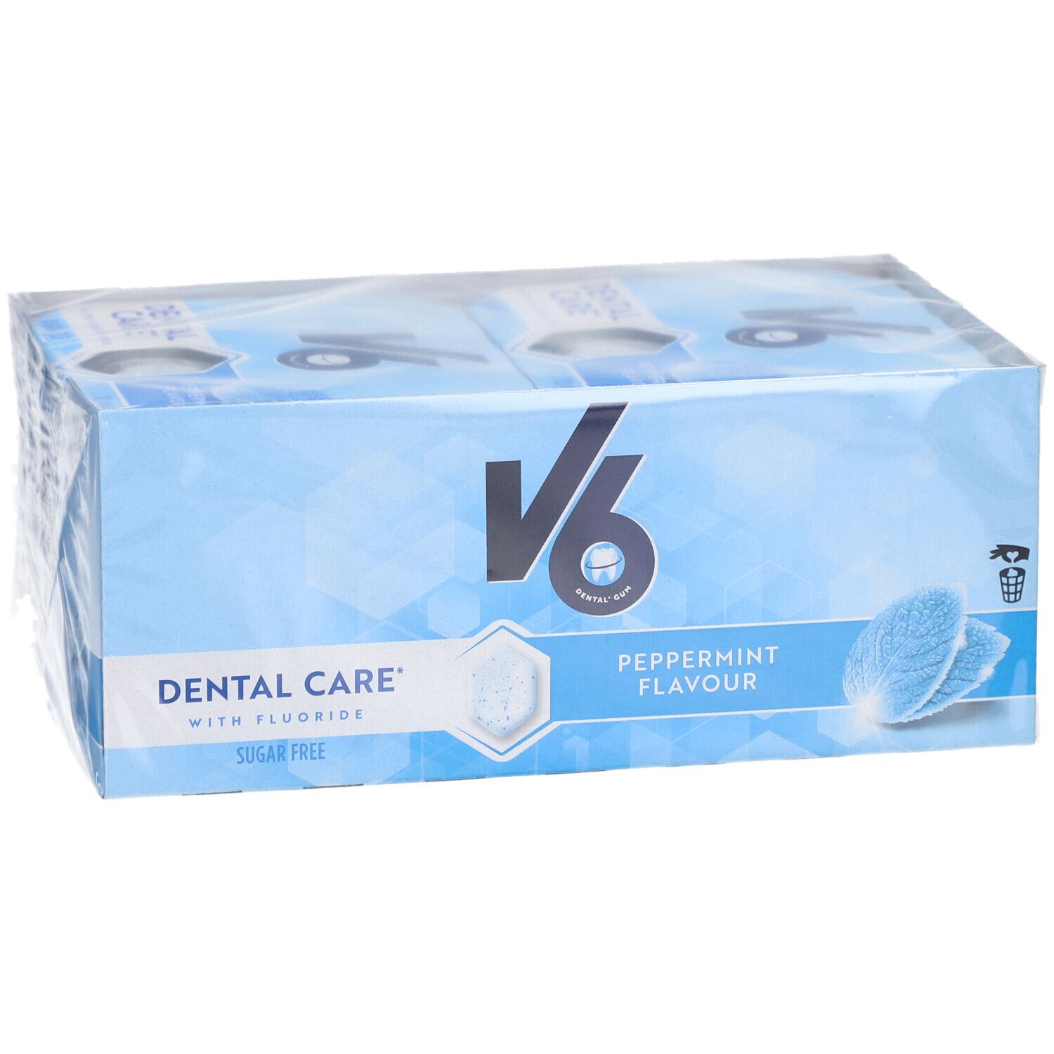 Blau-weiß Verpackung mit V6 Logo und Schriftzug 'Dental Care'. Enthält Peppermint Kaugummi. Zuckerfrei.
