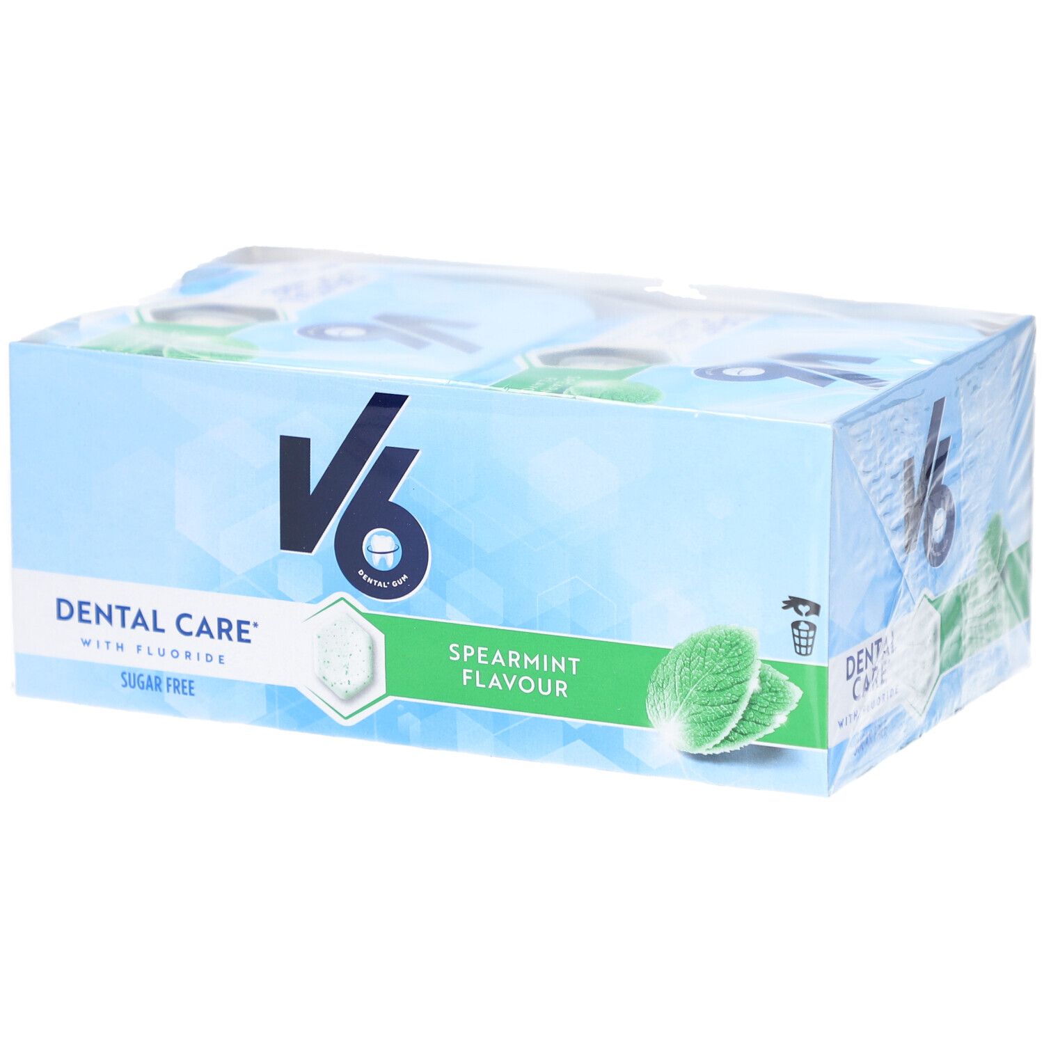 Verpackung mit V6 Kaugummi. Aufschrift: Dental Care, Spearmint Flavour, Sugar Free. Mint-Blätter und hexagonale Form.