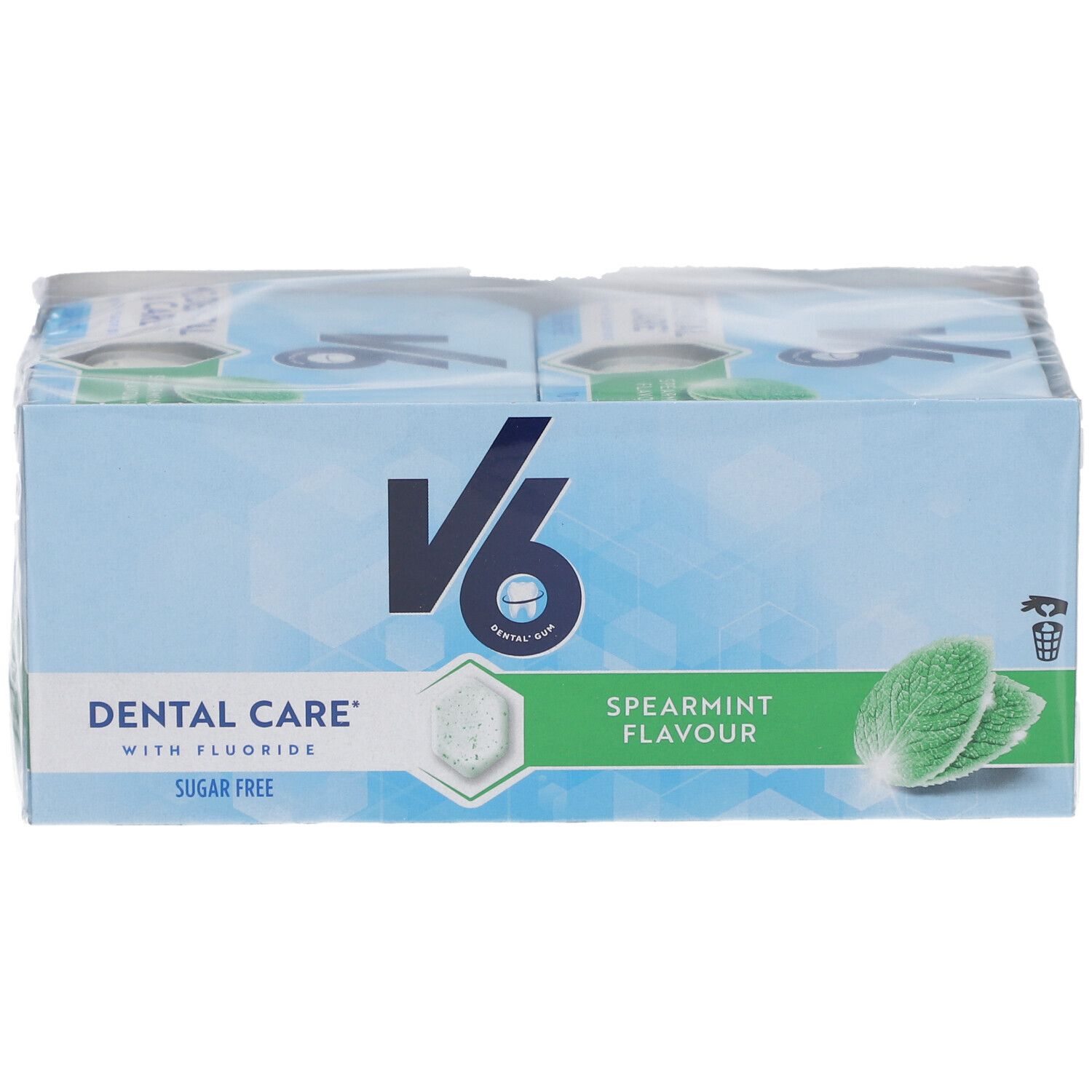 Verpackung mit V6 Kaugummi. Aufschrift: Dental Care, Spearmint Flavour, Sugar Free. Mint-Blätter und hexagonale Form.
