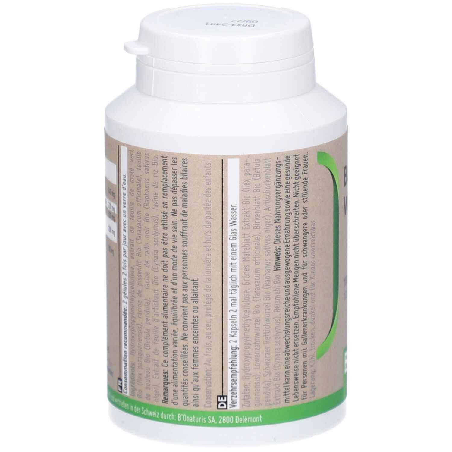 Braune Kapsel-Dose mit weißem Deckel. Aufschrift in Deutsch und Französisch. Grün-weißes Etikett mit Produktinformationen.