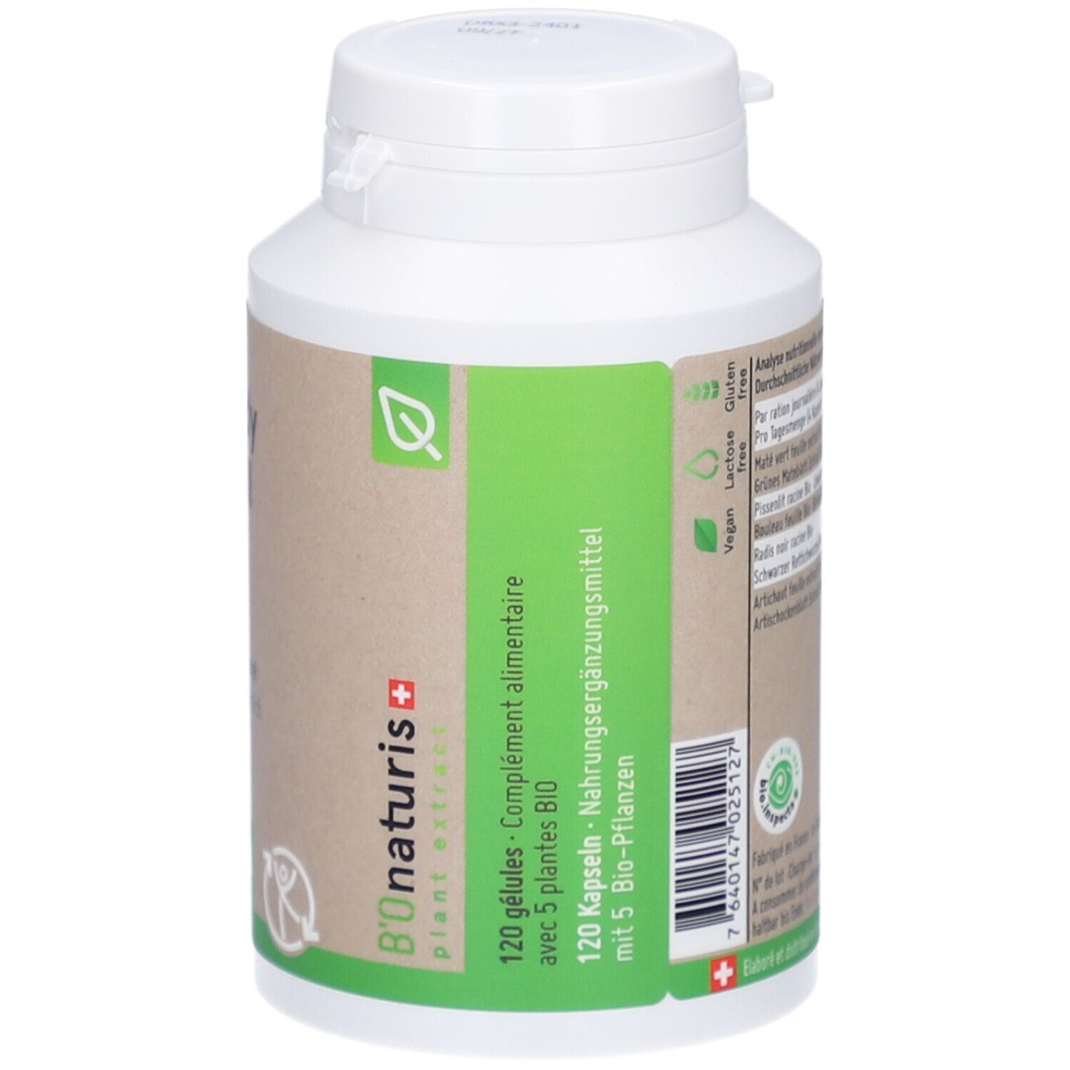 Braune Kapsel-Dose mit weißem Deckel. Grünes Etikett mit Produktnamen, Inhaltsstoffen und Logo. 120 Kapseln.