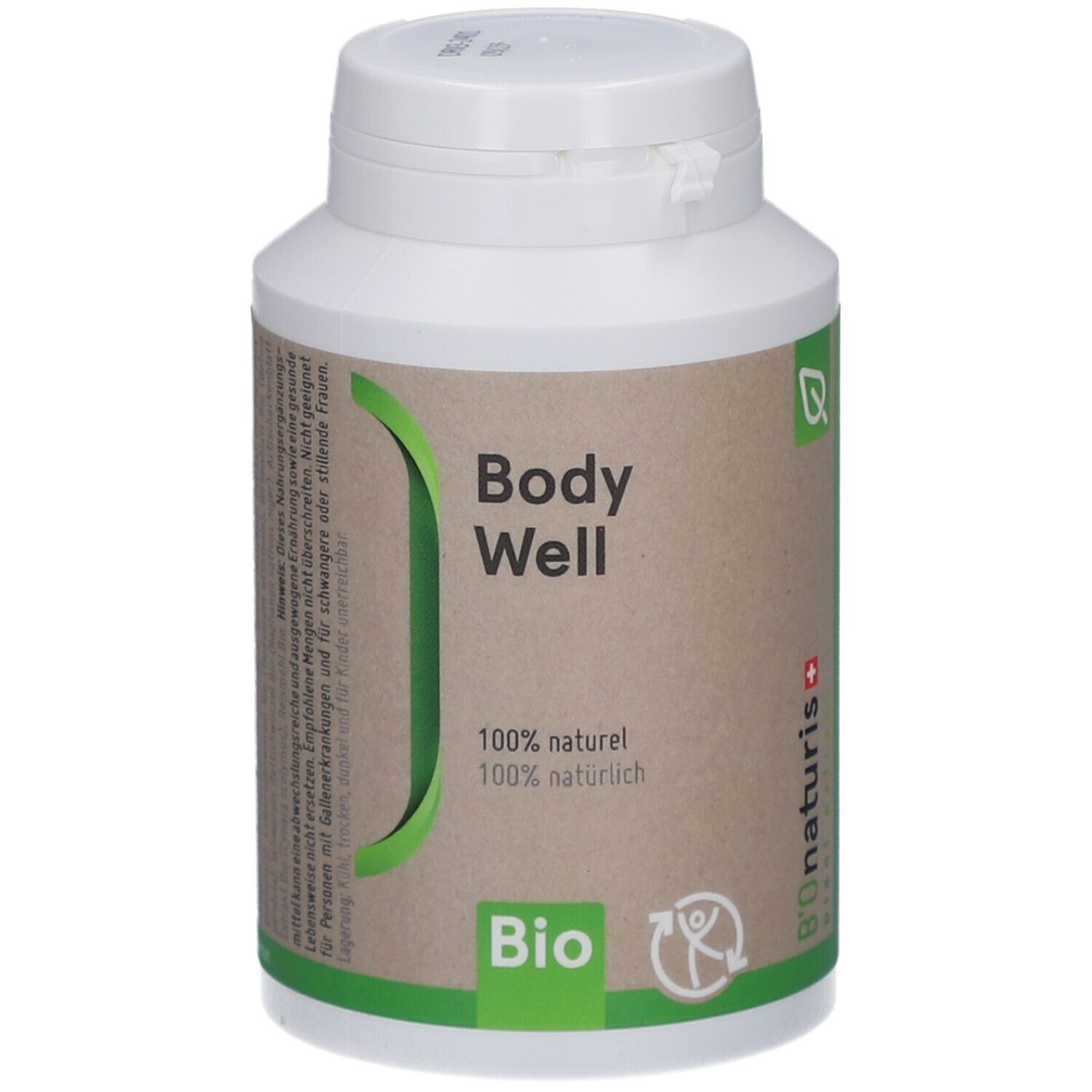 Braune Kapsel-Dose mit weißem Deckel. Aufschrift Body Well, Bio-Siegel. Grün-weißes Etikett mit Produktinformationen.