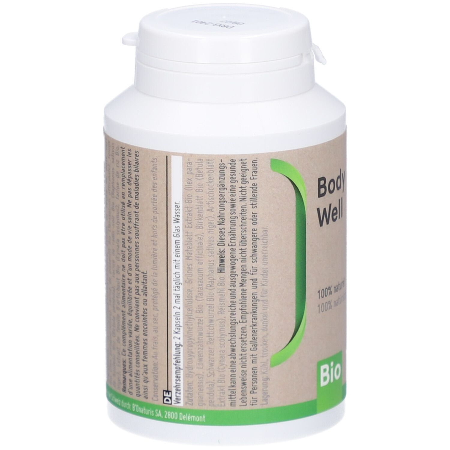 Braune Kapsel-Dose mit weißem Deckel. Aufschrift in Deutsch. Grün-weißes Etikett mit Produktinformationen.