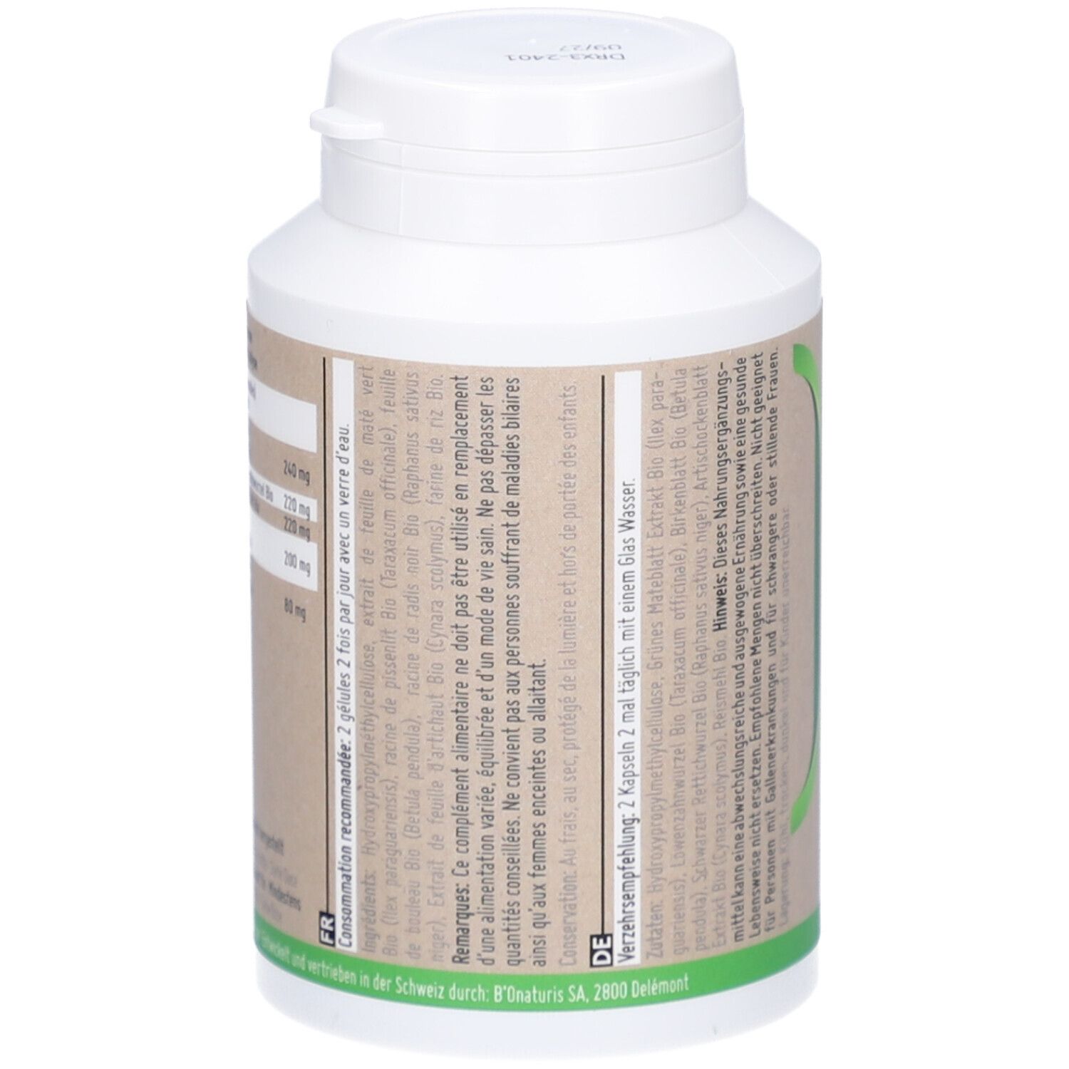 Rückseite einer braunen Kapsel-Dose mit weißem Deckel. Etikett mit Inhaltsstoffen und Verzehrempfehlung in Deutsch und Französisch.