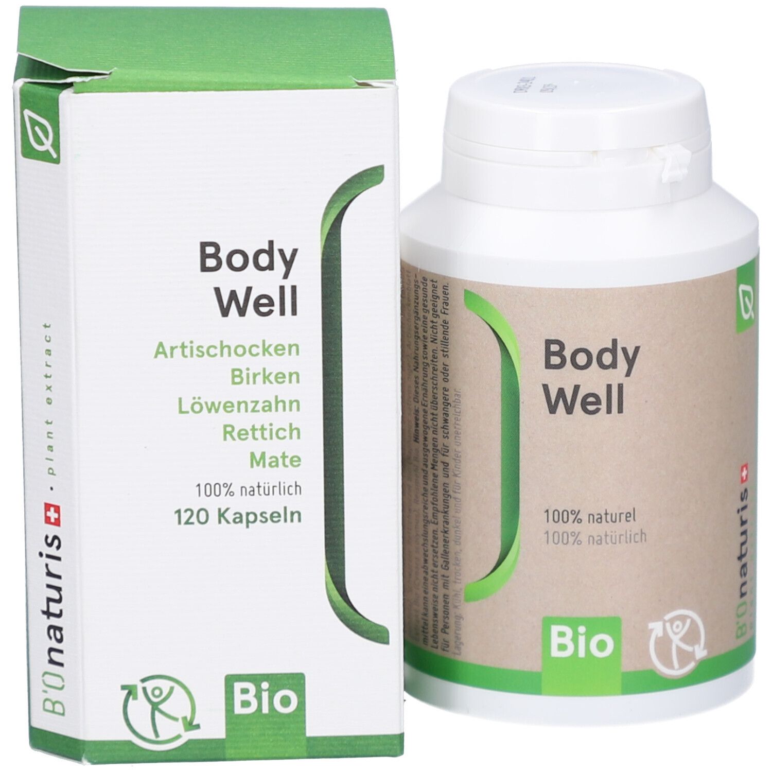 Produktverpackung mit Dose und Schachtel. Dose: braun, weißer Deckel. Schachtel: weiß, grün. Aufschrift Body Well.