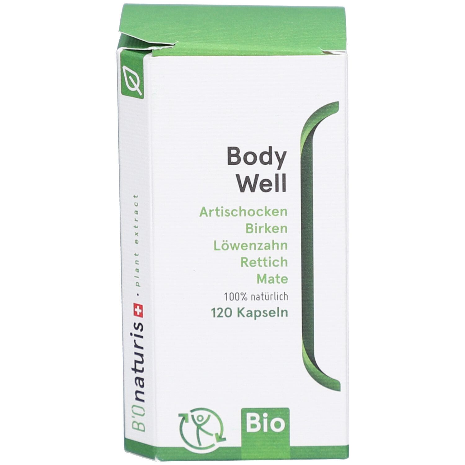 Weiße Schachtel mit grünem Deckel. Aufschrift Body Well, Inhaltsstoffe und Bio-Siegel. 120 Kapseln.