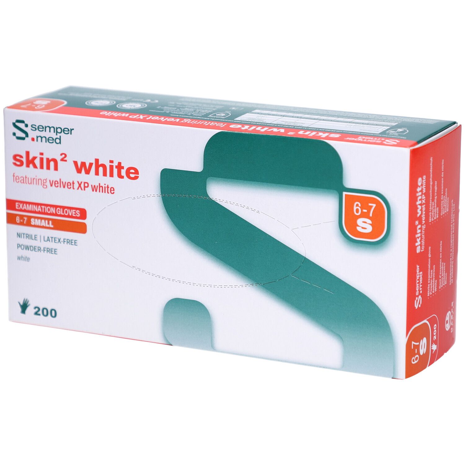 Verpackung mit weißen Untersuchungshandschuhen. Marke: sempermed. Aufschrift: skin² white, Größe S, 200 Stück.