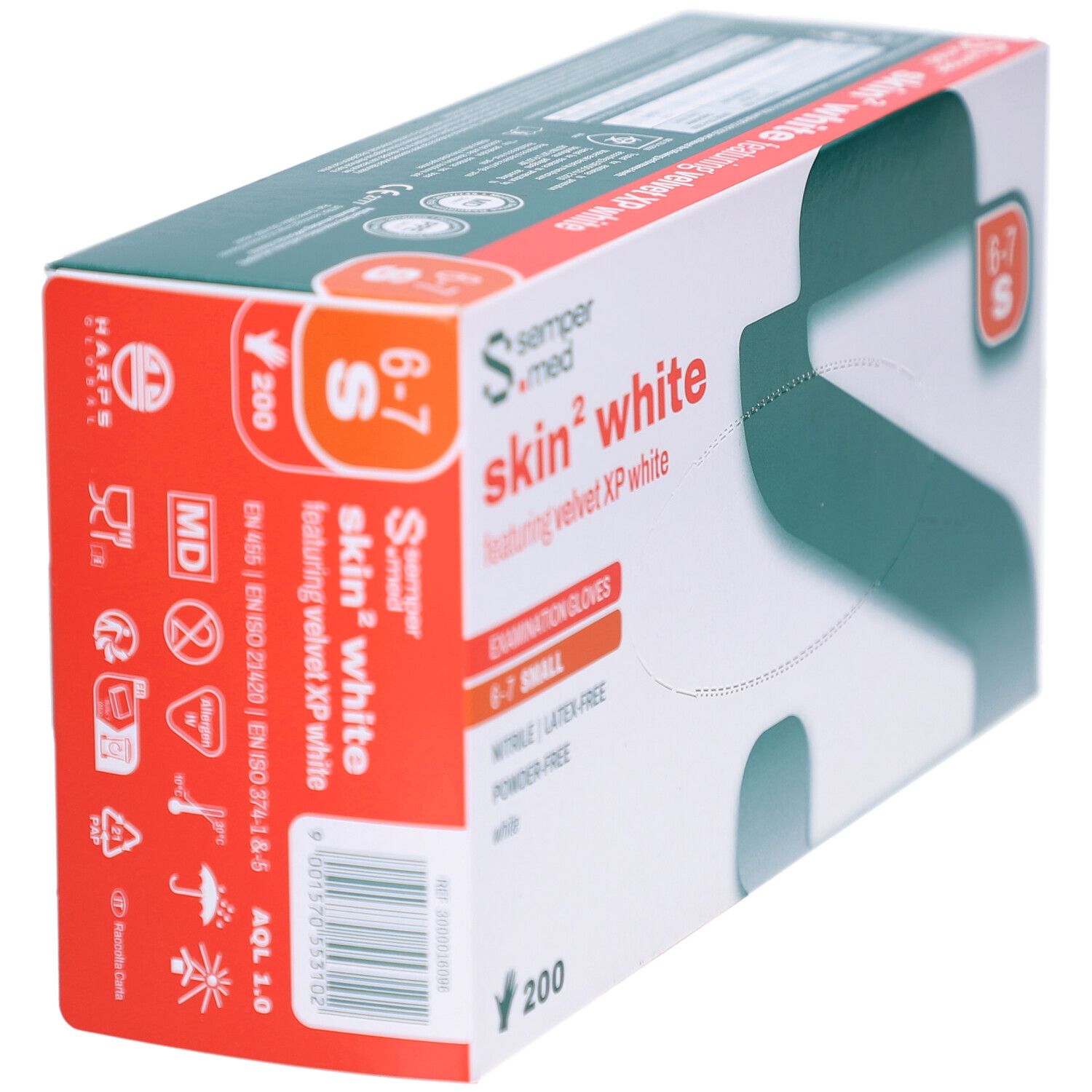 Schrägansicht der Verpackung mit weißen Untersuchungshandschuhen. Marke: sempermed. Aufschrift: skin² white, Größe S, 200 Stück.