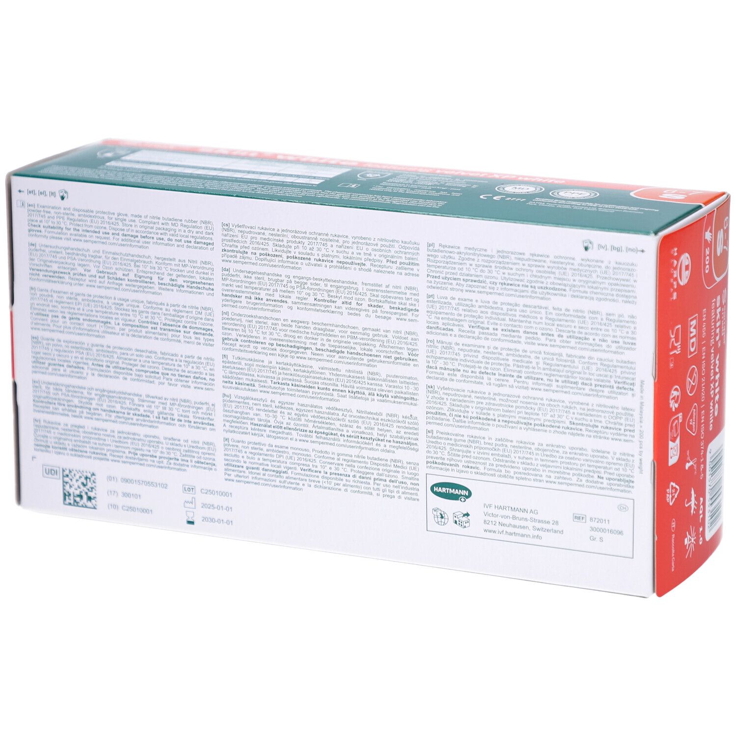 Rückseite der Verpackung mit weißen Untersuchungshandschuhen. Text in mehreren Sprachen. Marke: sempermed. Aufschrift: skin² white.