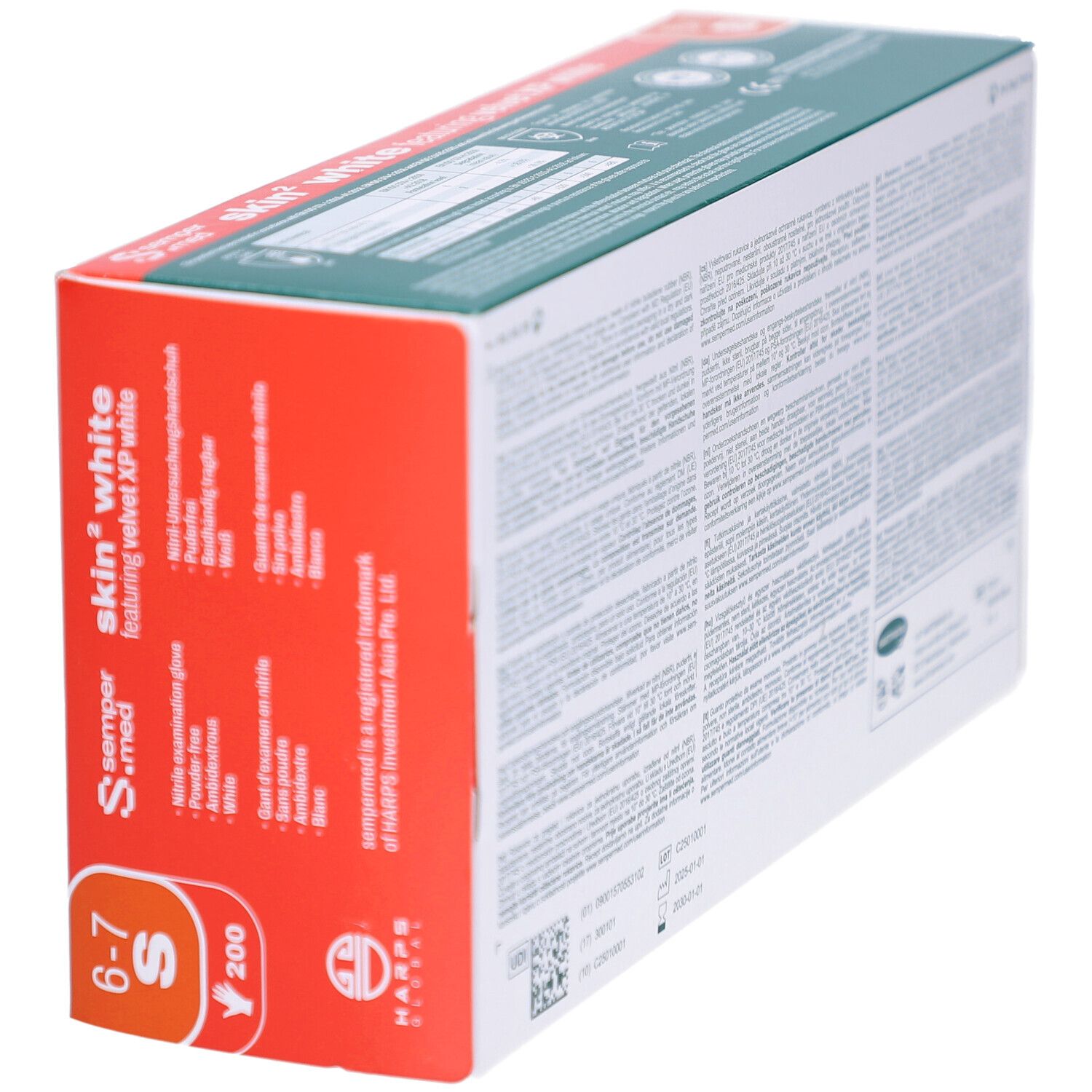 Schrägansicht der Verpackung mit weißen Untersuchungshandschuhen. Marke: sempermed. Aufschrift: skin² white, Größe S, 200 Stück.