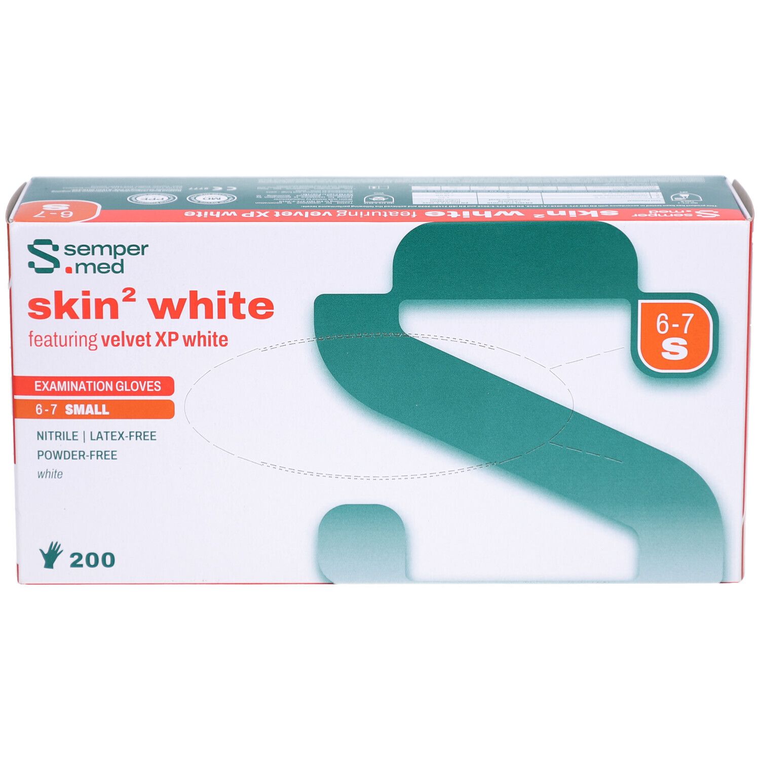 Verpackung mit weißen Untersuchungshandschuhen. Marke: sempermed. Aufschrift: skin² white, Größe S, 200 Stück.