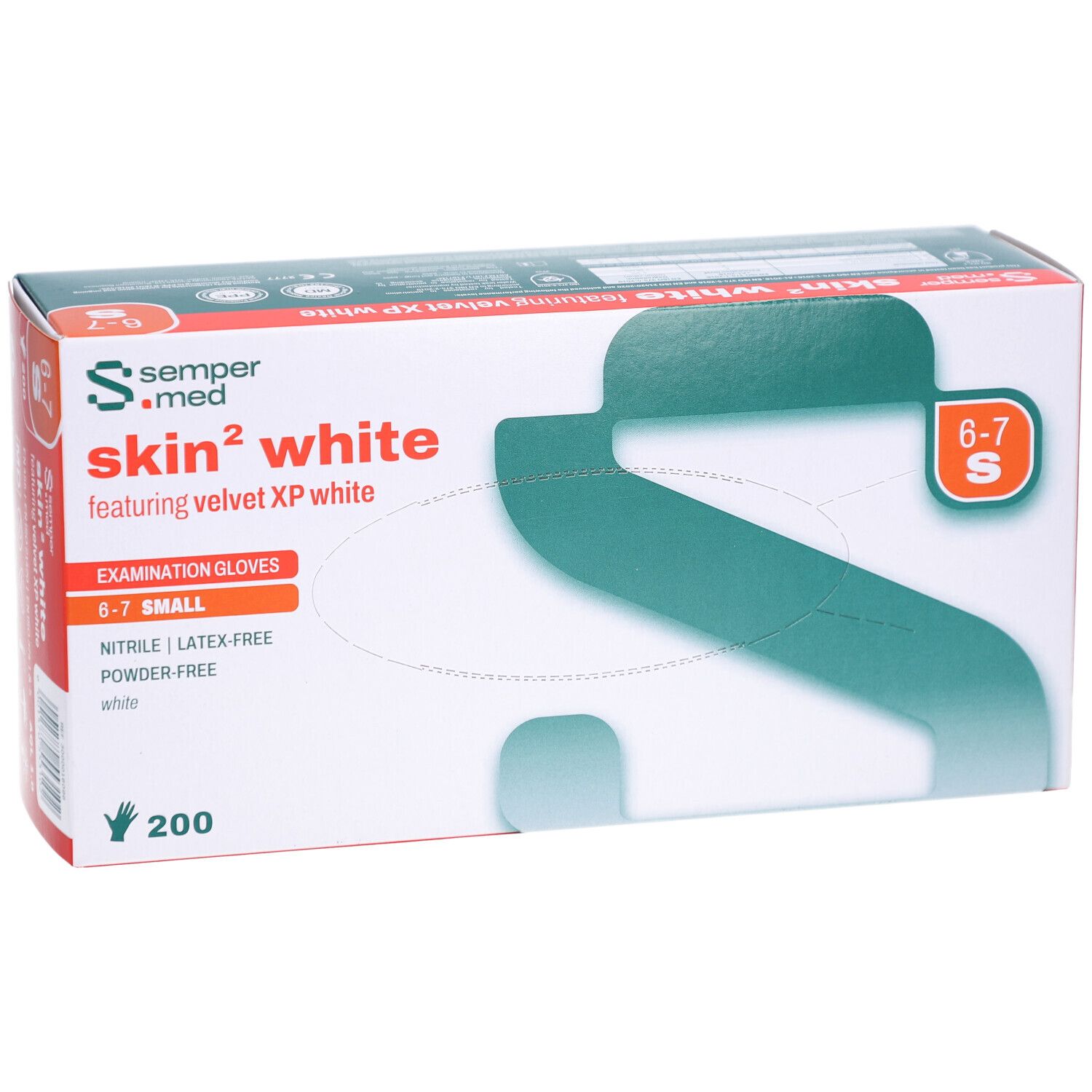 Verpackung mit weißen Untersuchungshandschuhen. Marke: sempermed. Aufschrift: skin² white, Größe S, 200 Stück.