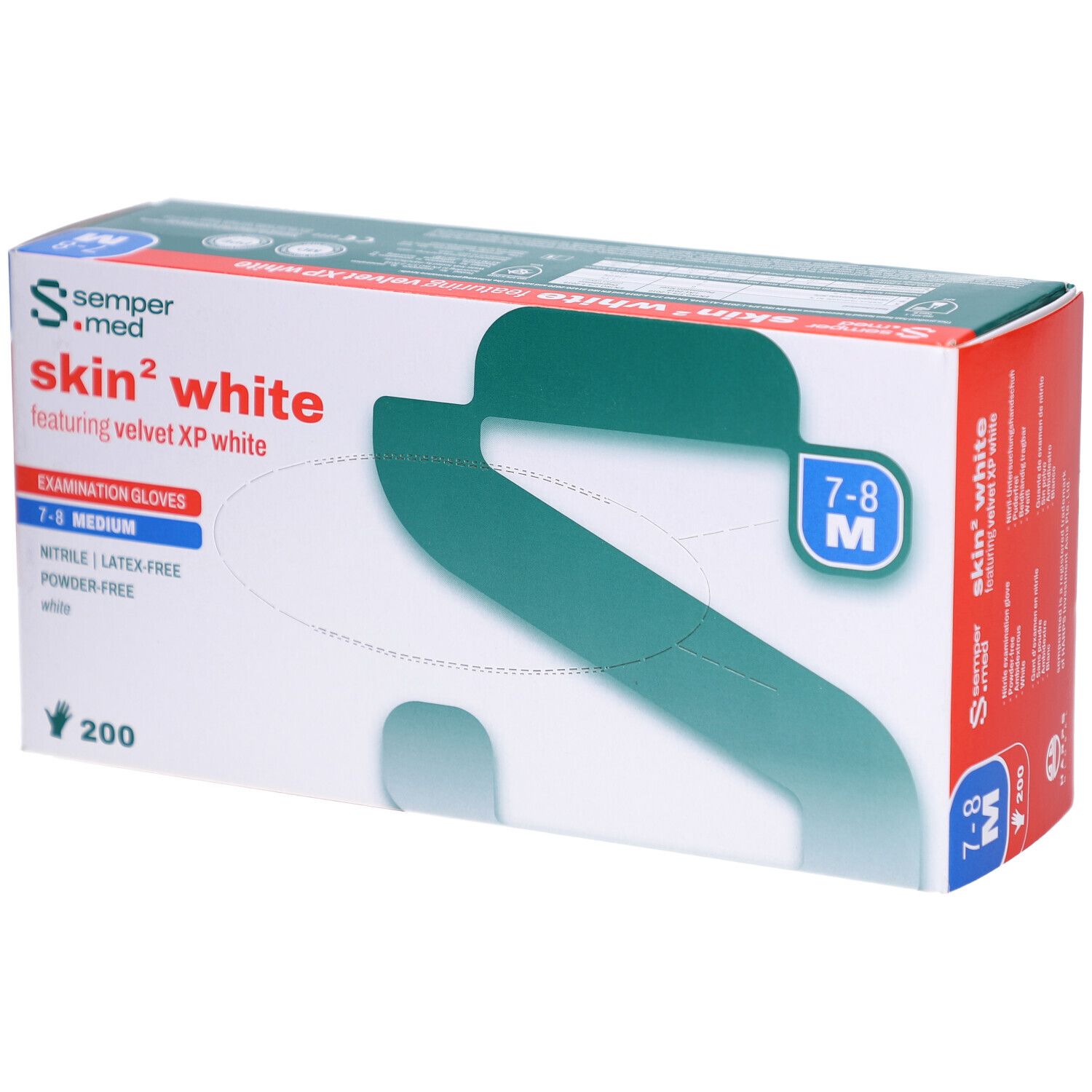 Verpackung mit Handschuhen. Marke: sempermed. Produkt: skin² white. Größe M, 7-8. 200 Stück. Latex- und puderfrei. Aufdruck: Examination Gloves.