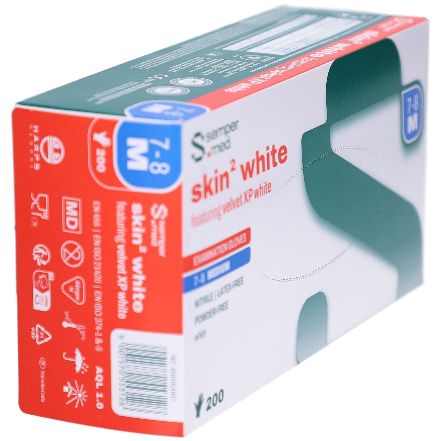Verpackung mit Handschuhen. Marke: sempermed. Produkt: skin² white. Größe M, 7-8. 200 Stück. Latex- und puderfrei. Aufdruck: Examination Gloves.
