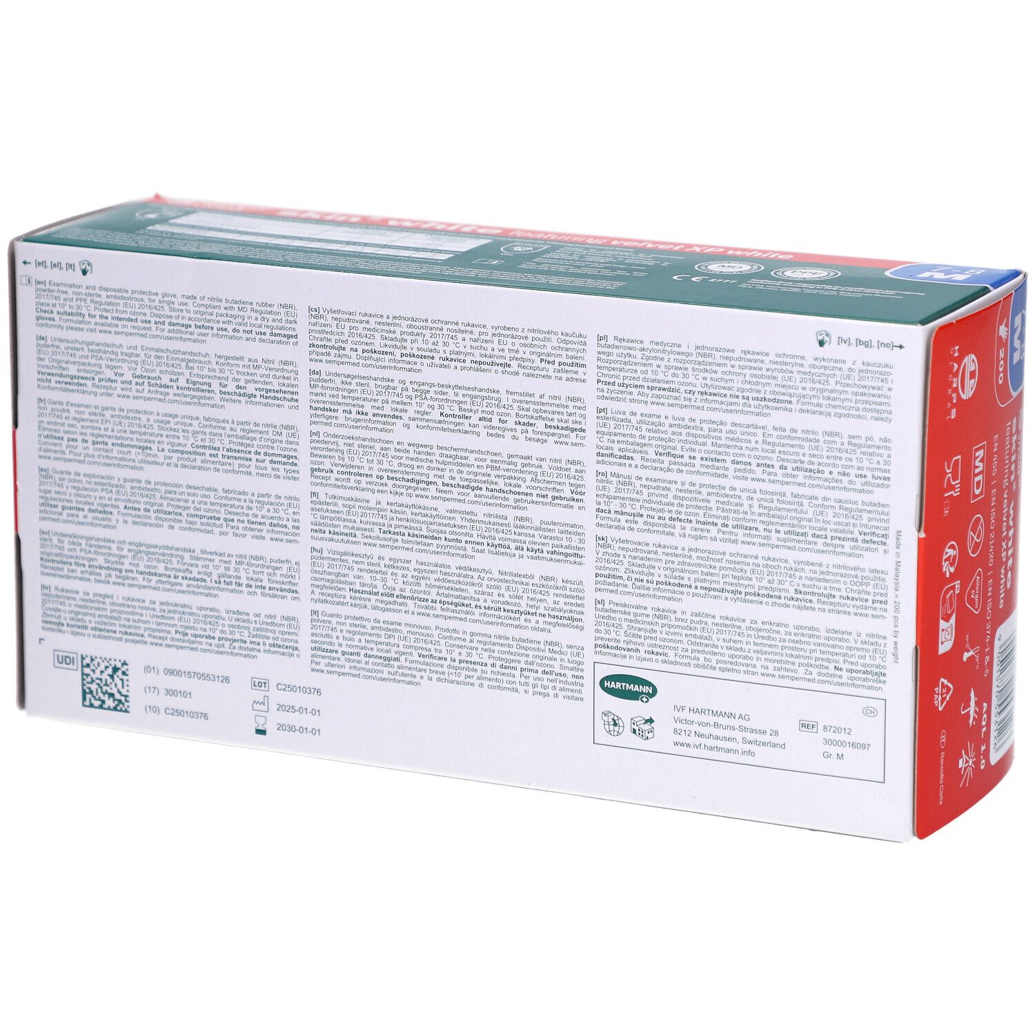 Rückseite der Verpackung mit Handschuhen. Text in mehreren Sprachen. Informationen zu Hersteller und Zertifizierungen.