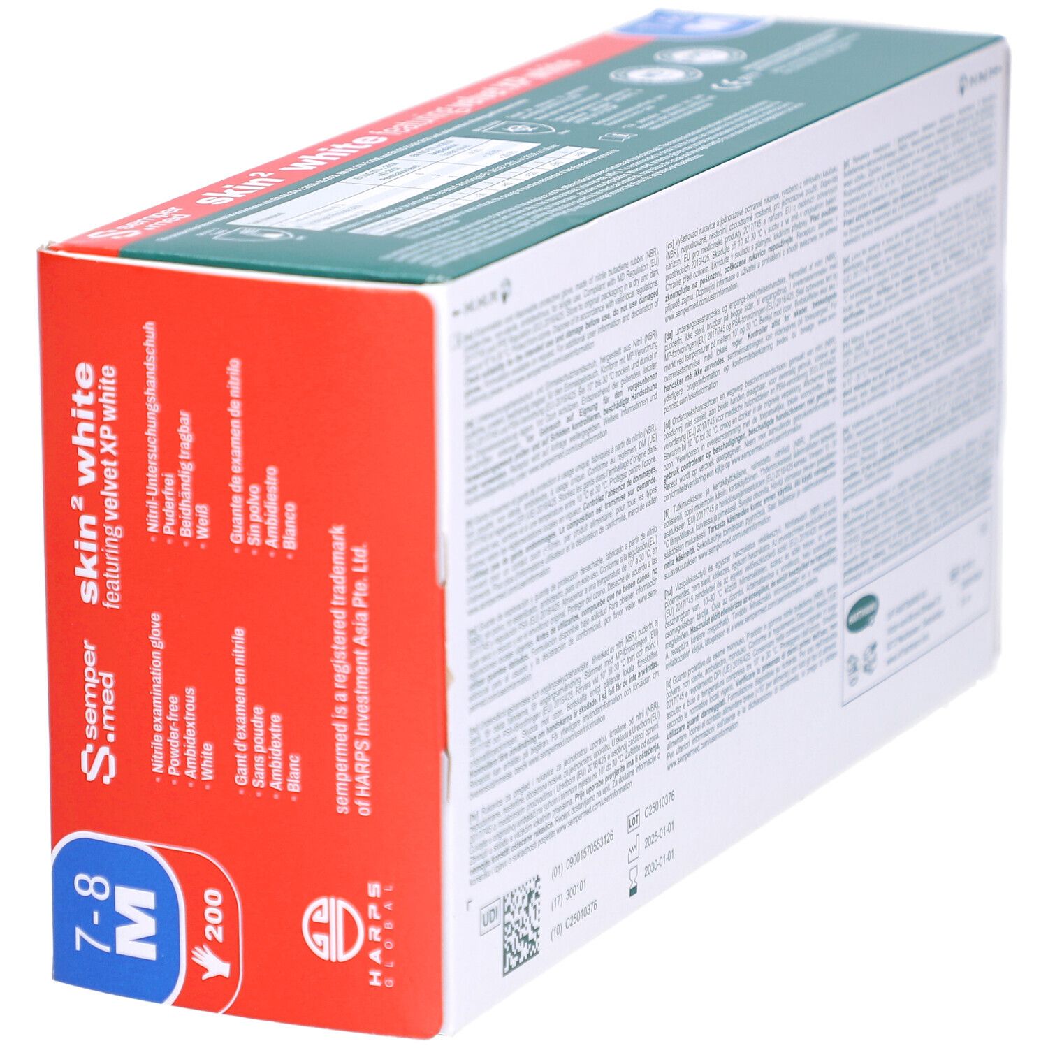 Verpackung mit Handschuhen. Marke: sempermed. Produkt: skin² white. Größe M, 7-8. 200 Stück. Latex- und puderfrei. Aufdruck: Examination Gloves.