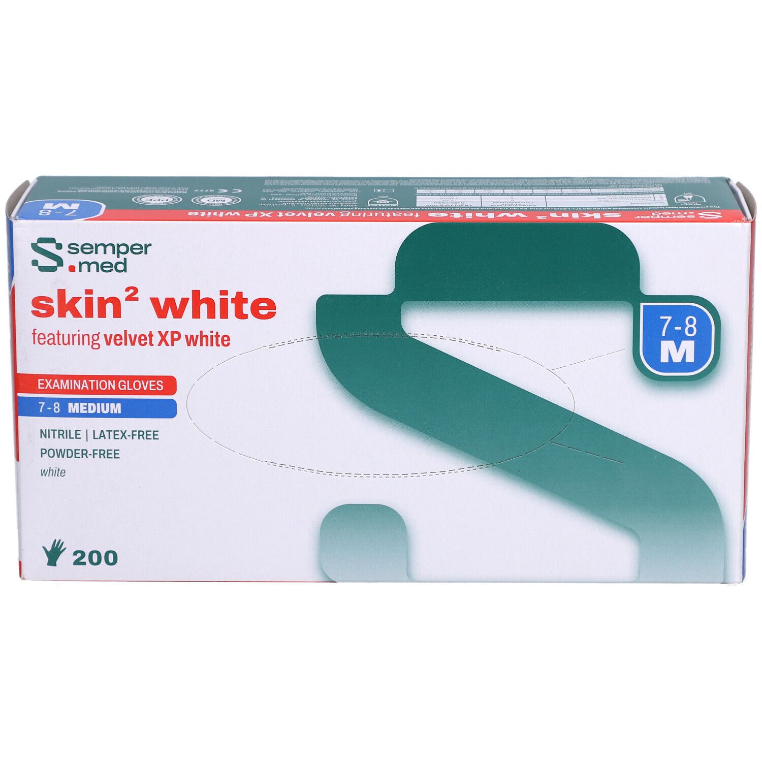 Verpackung mit Handschuhen. Marke: sempermed. Produkt: skin² white. Größe M, 7-8. 200 Stück. Latex- und puderfrei. Aufdruck: Examination Gloves.