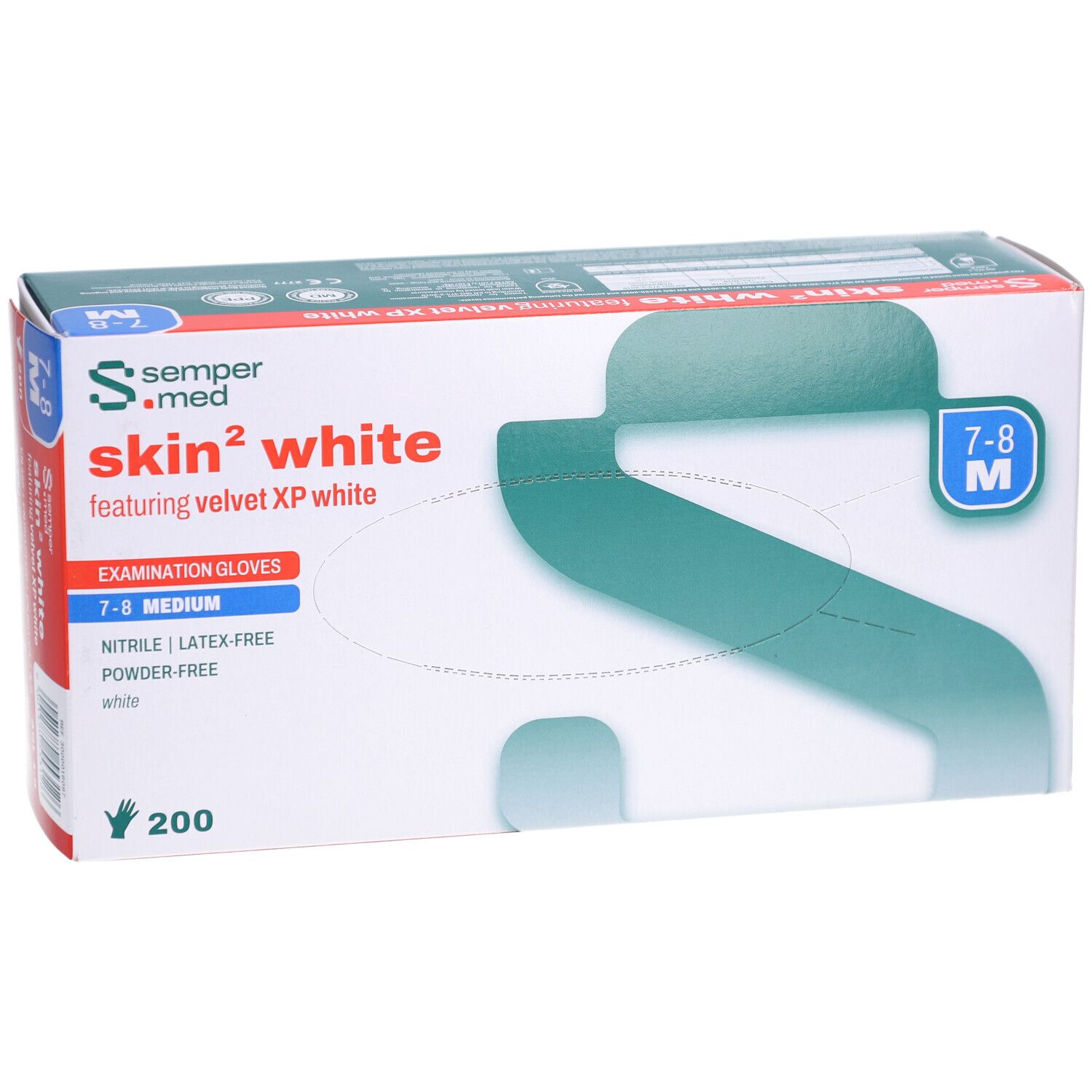 Verpackung mit Handschuhen. Marke: sempermed. Produkt: skin² white. Größe M, 7-8. 200 Stück. Latex- und puderfrei. Aufdruck: Examination Gloves.
