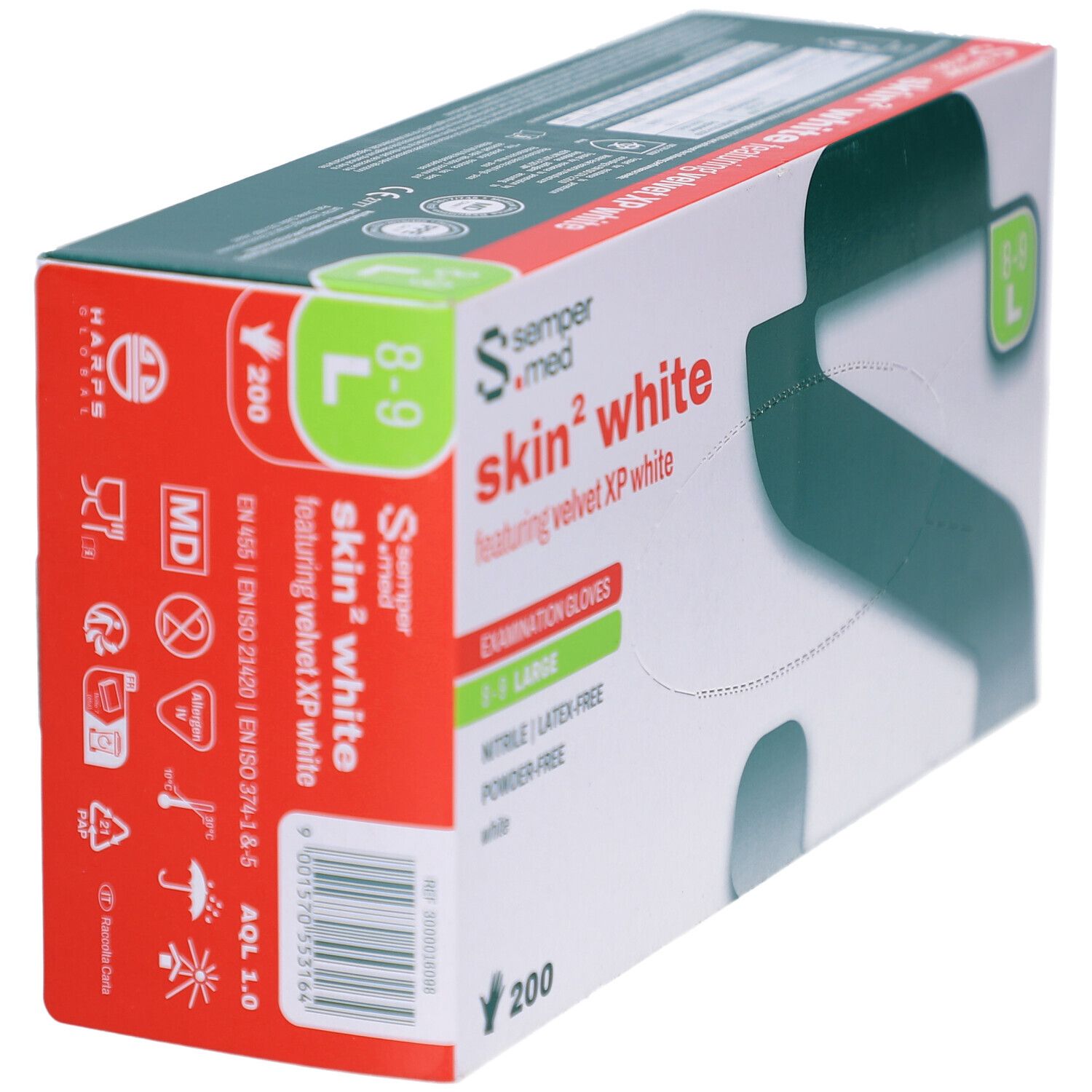 Karton mit SEMPERMED skin² white Untersuchungshandschuhen. Größe L, 8-9. 200 Stück. Nitril, latexfrei, puderfrei. Ansicht schräg.