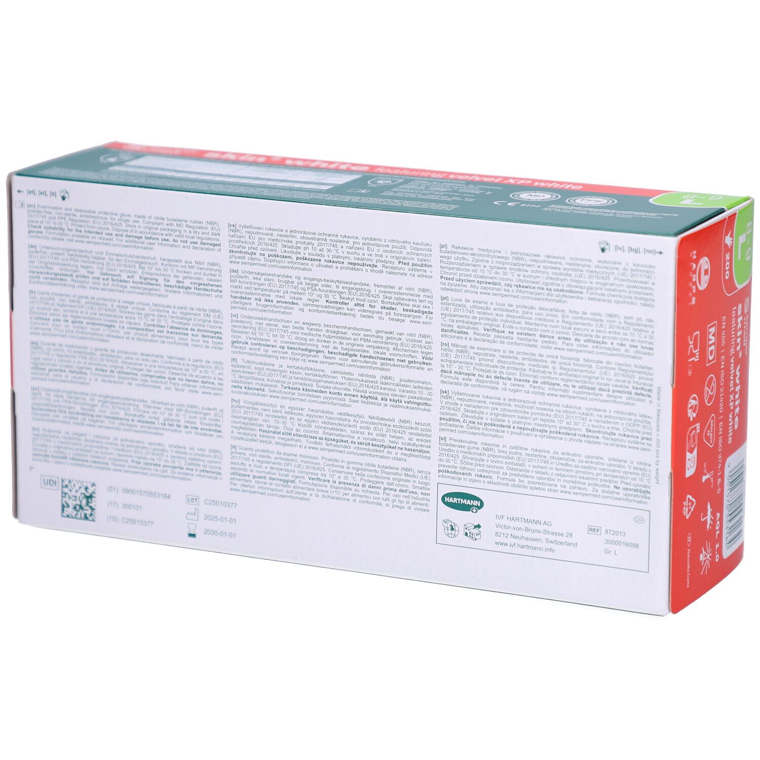 Rückseite des Kartons mit SEMPERMED skin² white Untersuchungshandschuhen. Text in mehreren Sprachen. QR-Code.