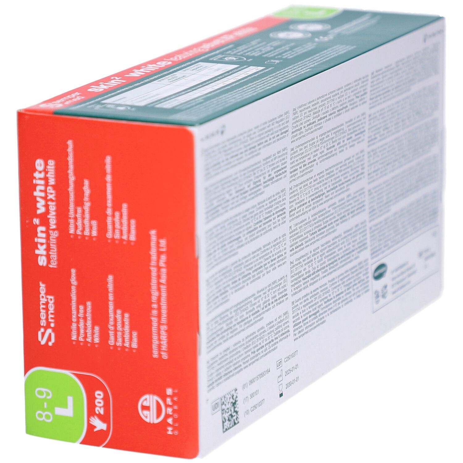 Karton mit SEMPERMED skin² white Untersuchungshandschuhen. Größe L, 8-9. 200 Stück. Ansicht schräg. Rote und grüne Akzente.