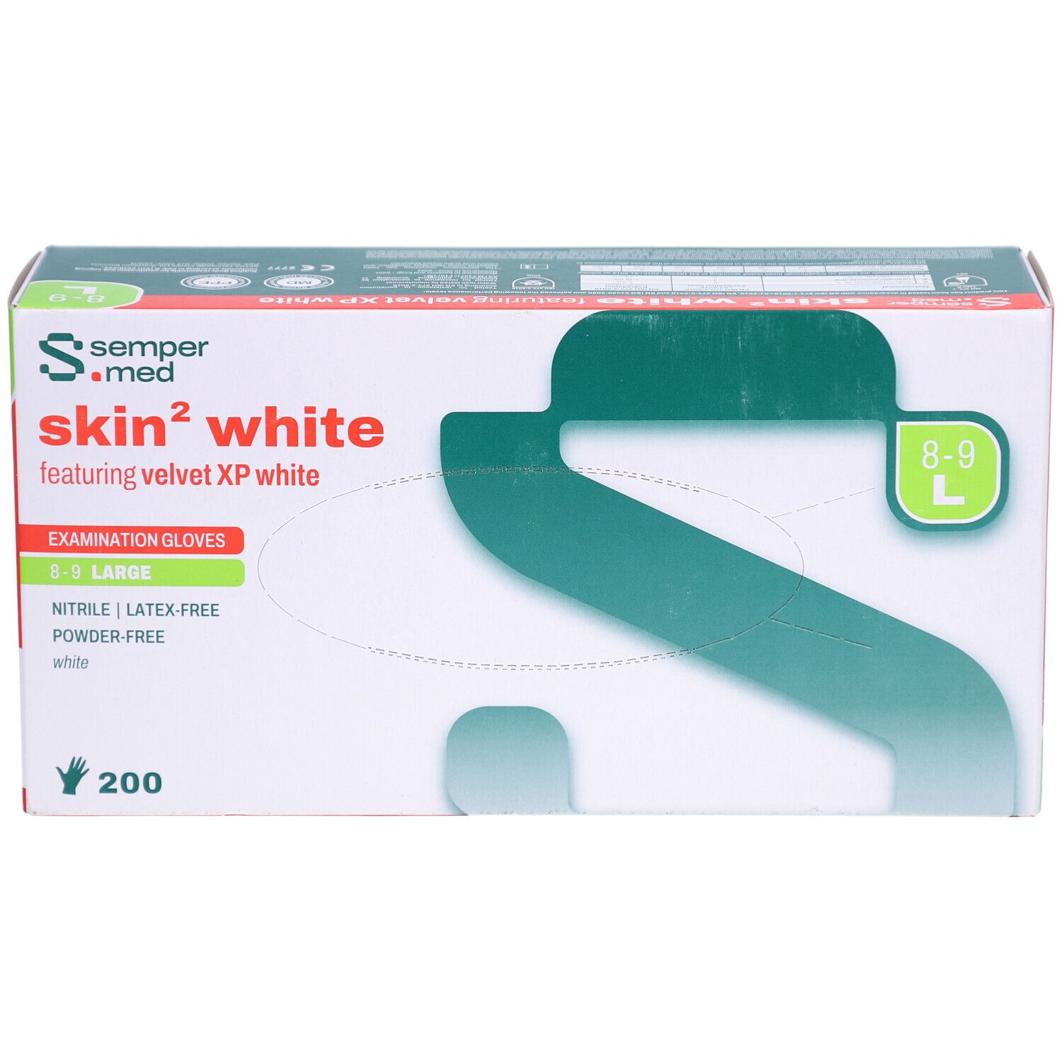 Karton mit SEMPERMED skin² white Untersuchungshandschuhen. Größe L, 8-9. 200 Stück. Nitril, latexfrei, puderfrei. Weiß.