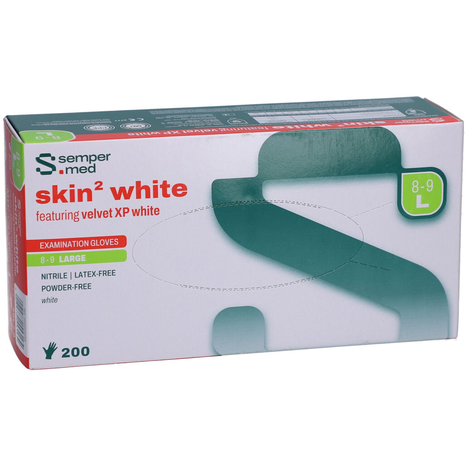 Karton mit SEMPERMED skin² white Untersuchungshandschuhen. Größe L, 8-9. 200 Stück. Nitril, latexfrei, puderfrei. Weiß.