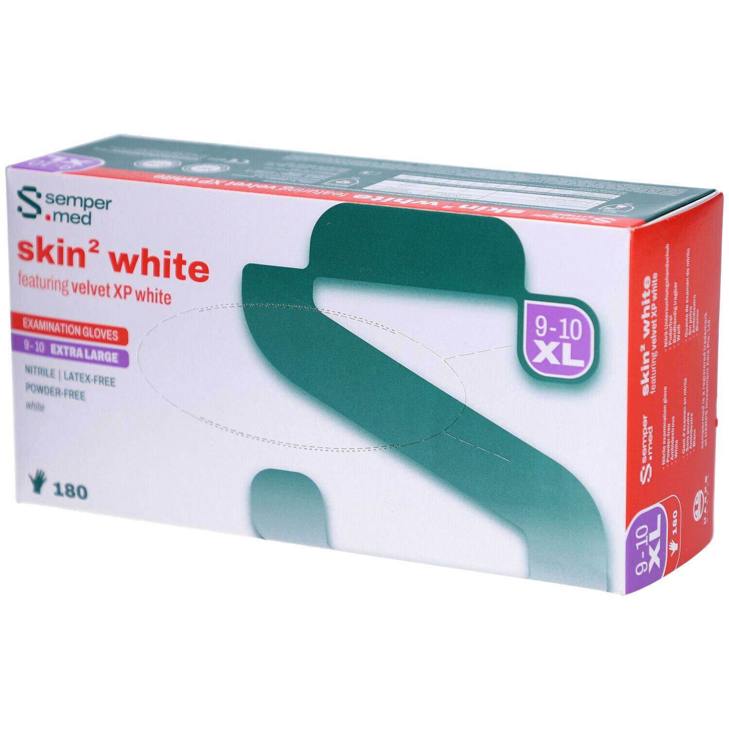 Verpackung von SEMPERMED Skin2 XL. Weiß, 180 Stück. Handschuhgröße 9-10 XL. Nitril, latexfrei, puderfrei.