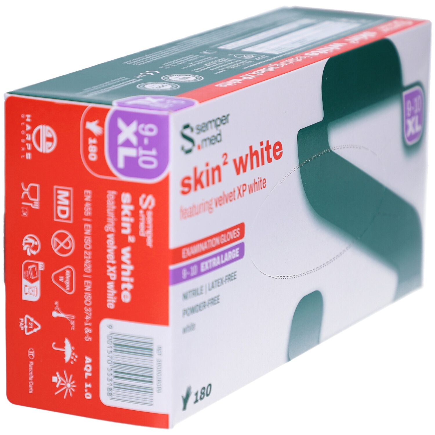 Verpackung von SEMPERMED Skin2 XL. Handschuhgröße 9-10 XL. 180 Stück. Nitril, latexfrei, puderfrei. Detailansicht der Verpackung.