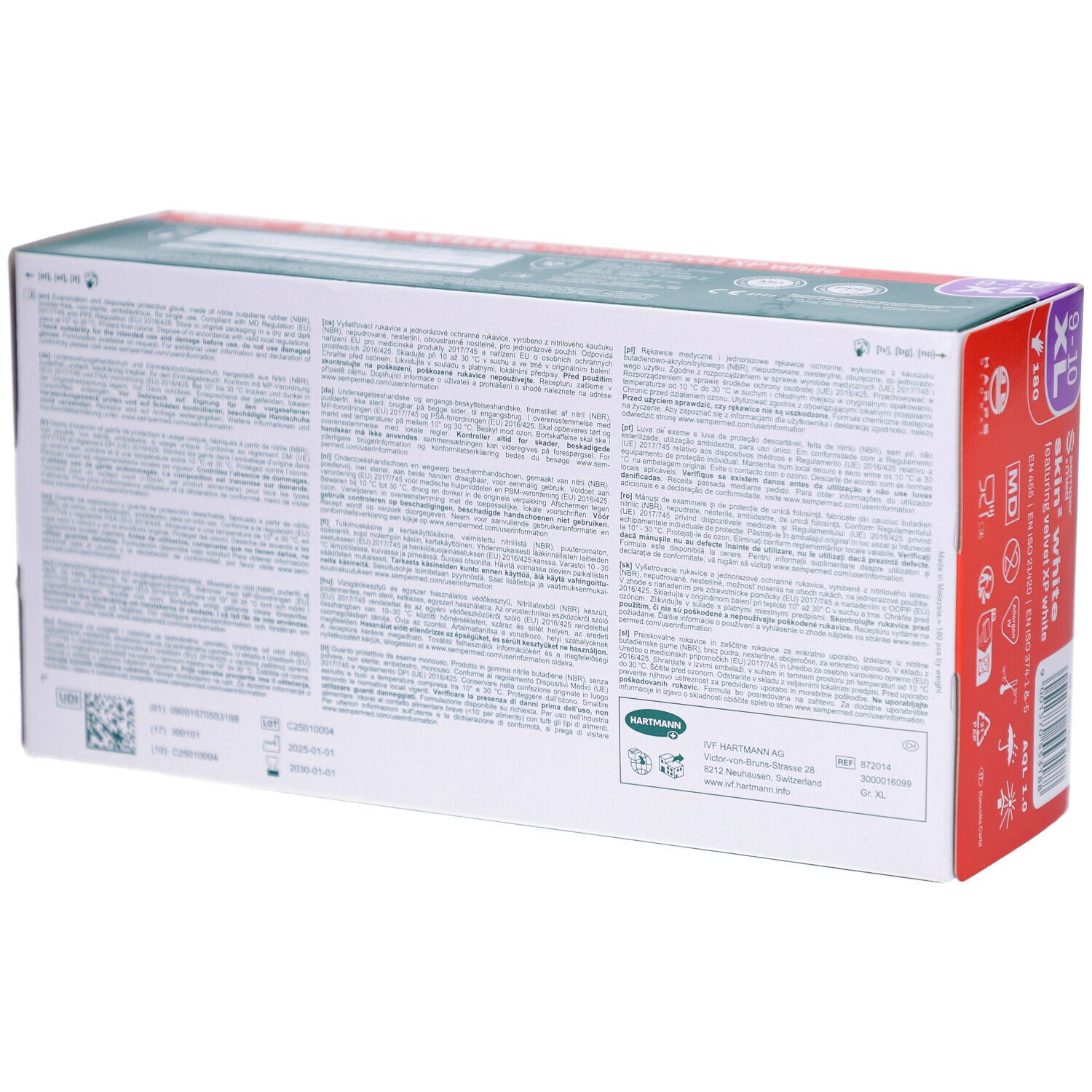 Rückseite der Verpackung von SEMPERMED Skin2 XL. Text in mehreren Sprachen. Informationen zum Produkt.