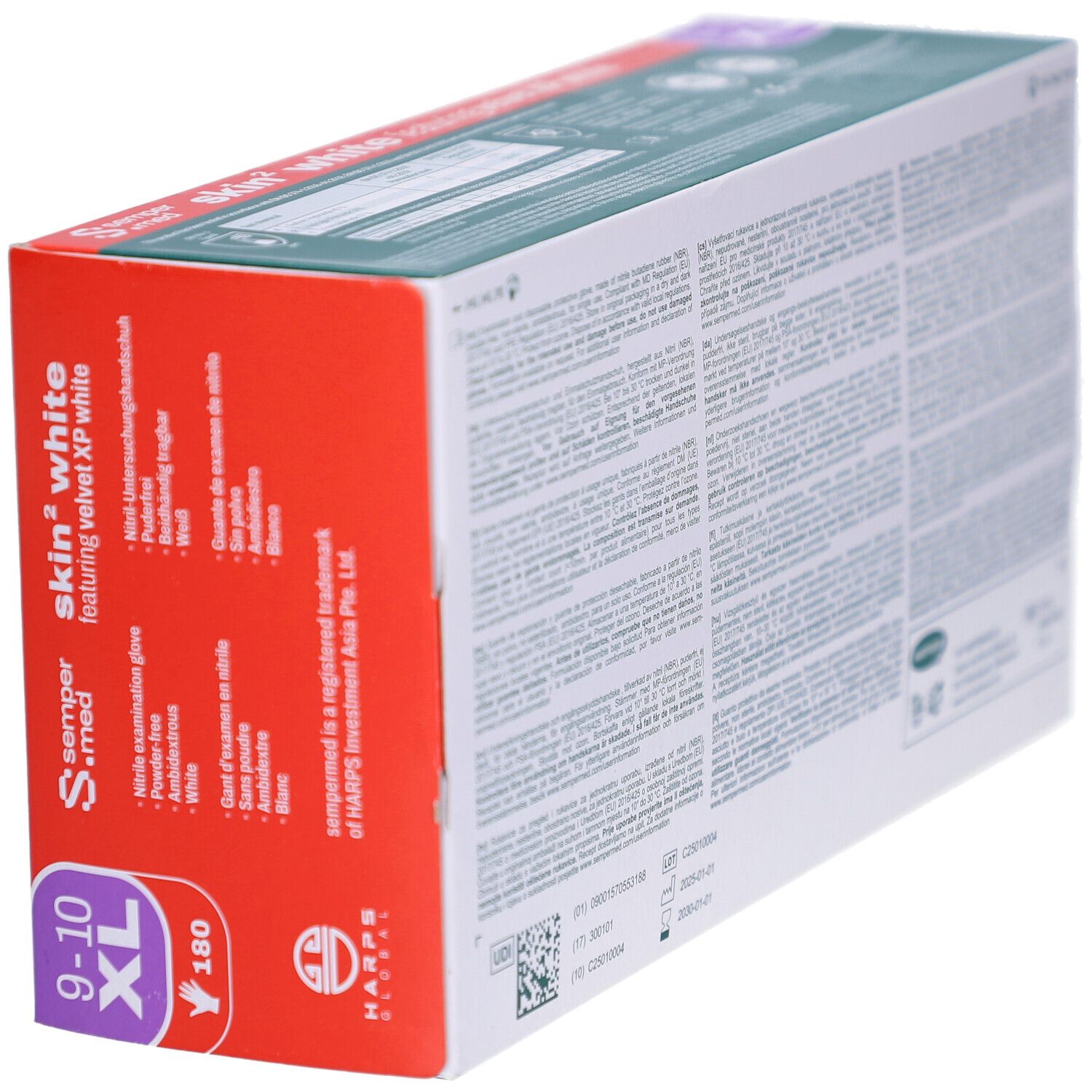 Verpackung von SEMPERMED Skin2 XL. Handschuhgröße 9-10 XL. 180 Stück. Detailansicht der Verpackung mit Text.