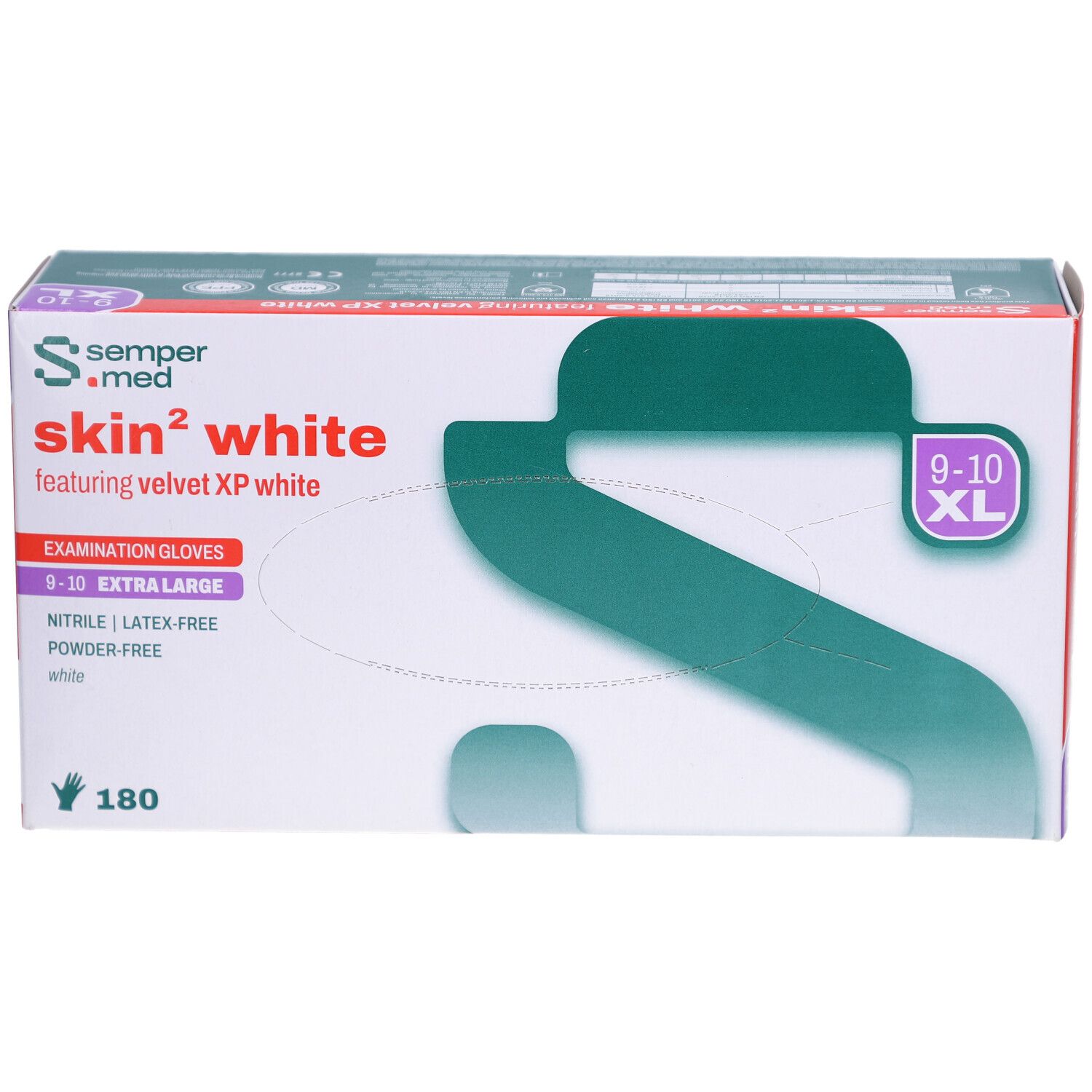 Verpackung von SEMPERMED Skin2 XL. Handschuhgröße 9-10 XL. 180 Stück. Nitril, latexfrei, puderfrei. Vorderansicht.