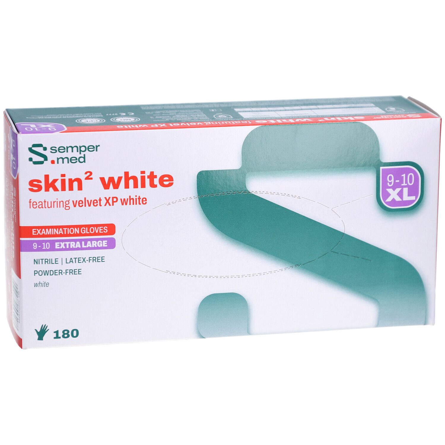 Verpackung von SEMPERMED Skin2 XL. Handschuhgröße 9-10 XL. 180 Stück. Nitril, latexfrei, puderfrei. Vorderansicht.