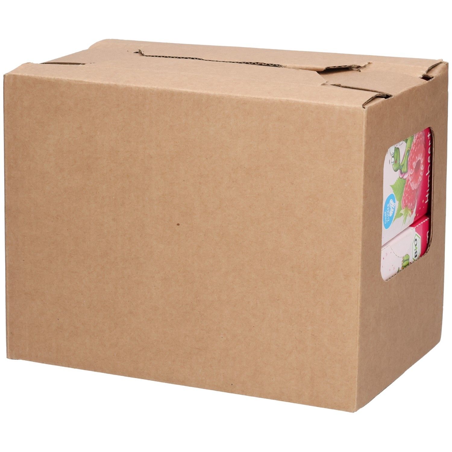 Karton mit Teebeuteln. Sichtfenster zeigt Teebeutel-Verpackung. Brauner Karton.