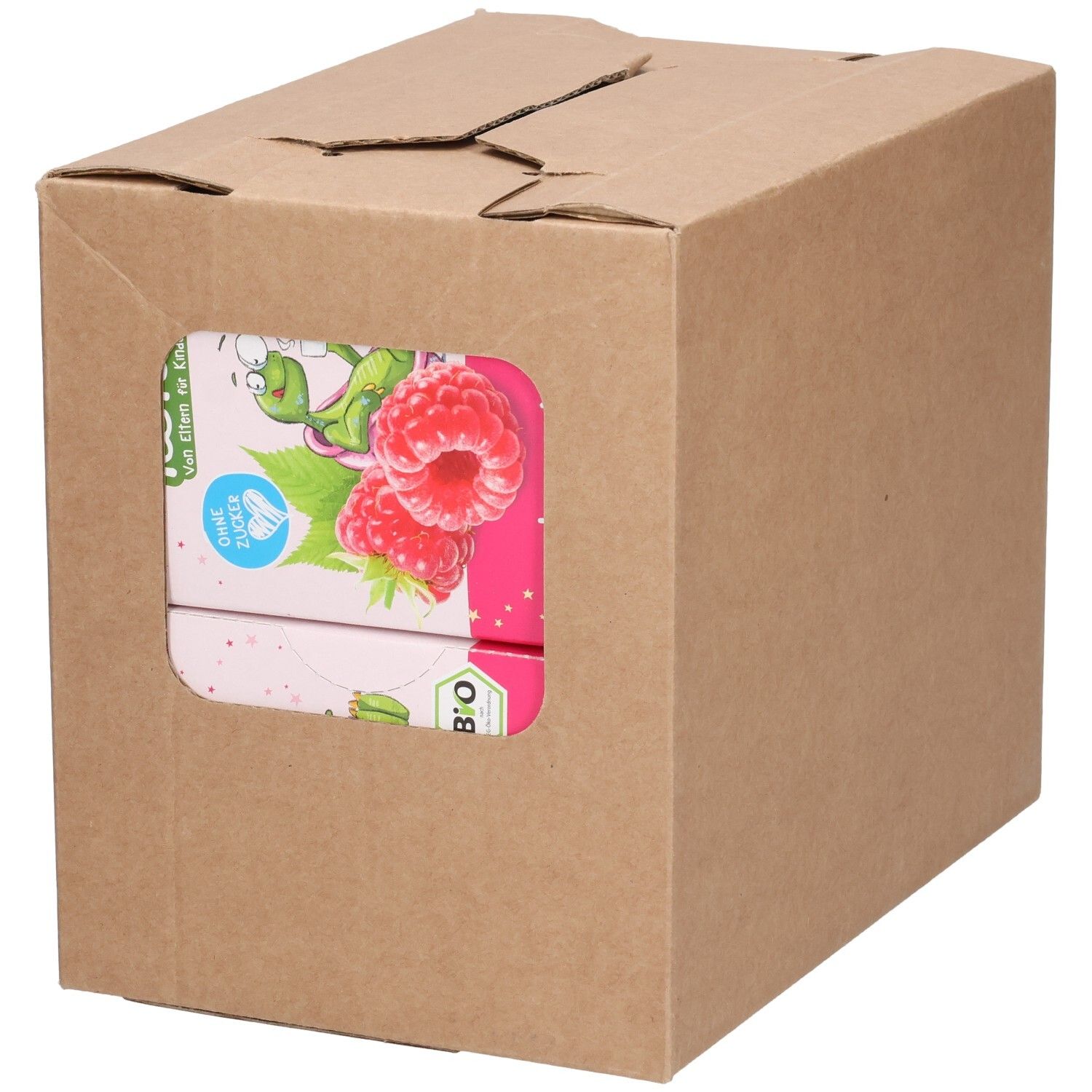 Karton mit Teebeuteln. Sichtfenster zeigt Teebeutel-Verpackung mit Himbeeren. Brauner Karton.