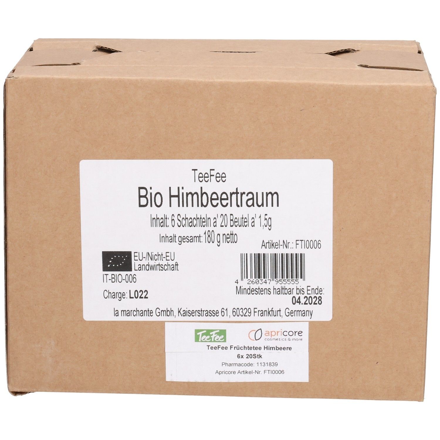 Karton mit Teebeuteln. Aufschrift: Bio Himbeertraum. Enthält 6 Schachteln à 20 Beutel. EU-Bio-Siegel. Mindestens haltbar bis Ende 04.2028.