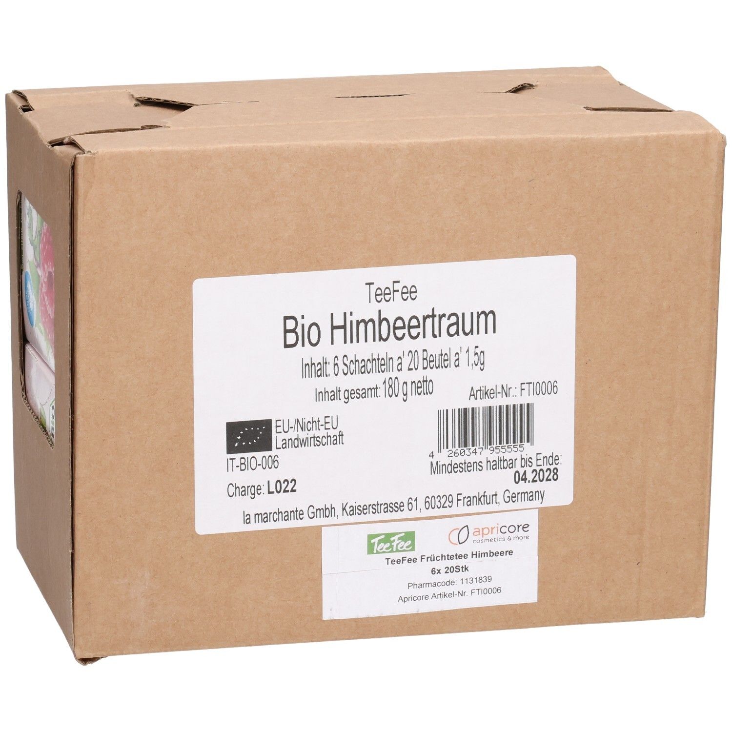 Karton mit Teebeuteln. Aufschrift: Bio Himbeertraum. Enthält 6 Schachteln à 20 Beutel. EU-Bio-Siegel. Mindestens haltbar bis Ende 04.2028.