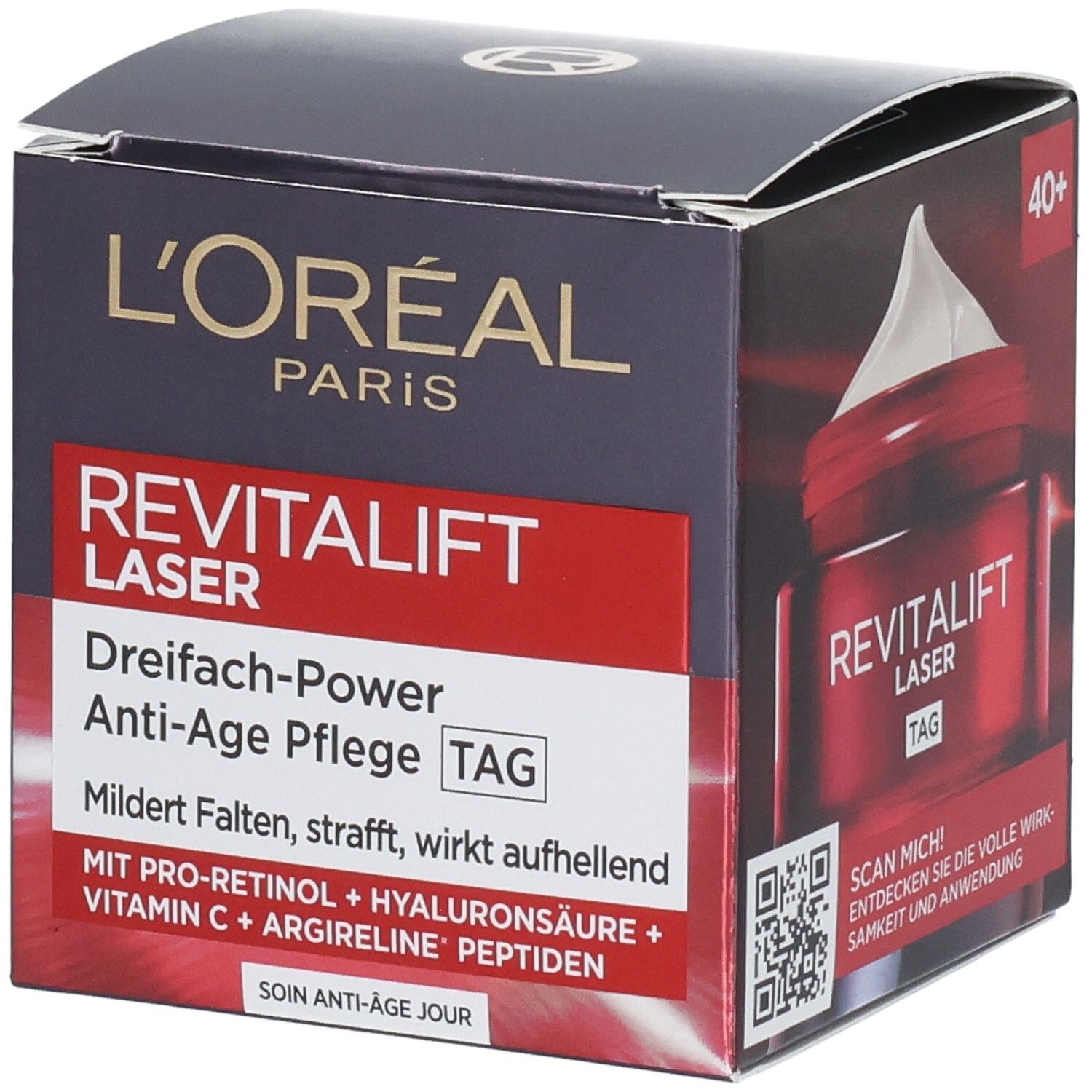 Emballage L'Oréal Revitalift Laser Soin de Jour Anti-Âge avec illustration du produit et informations textuelles.