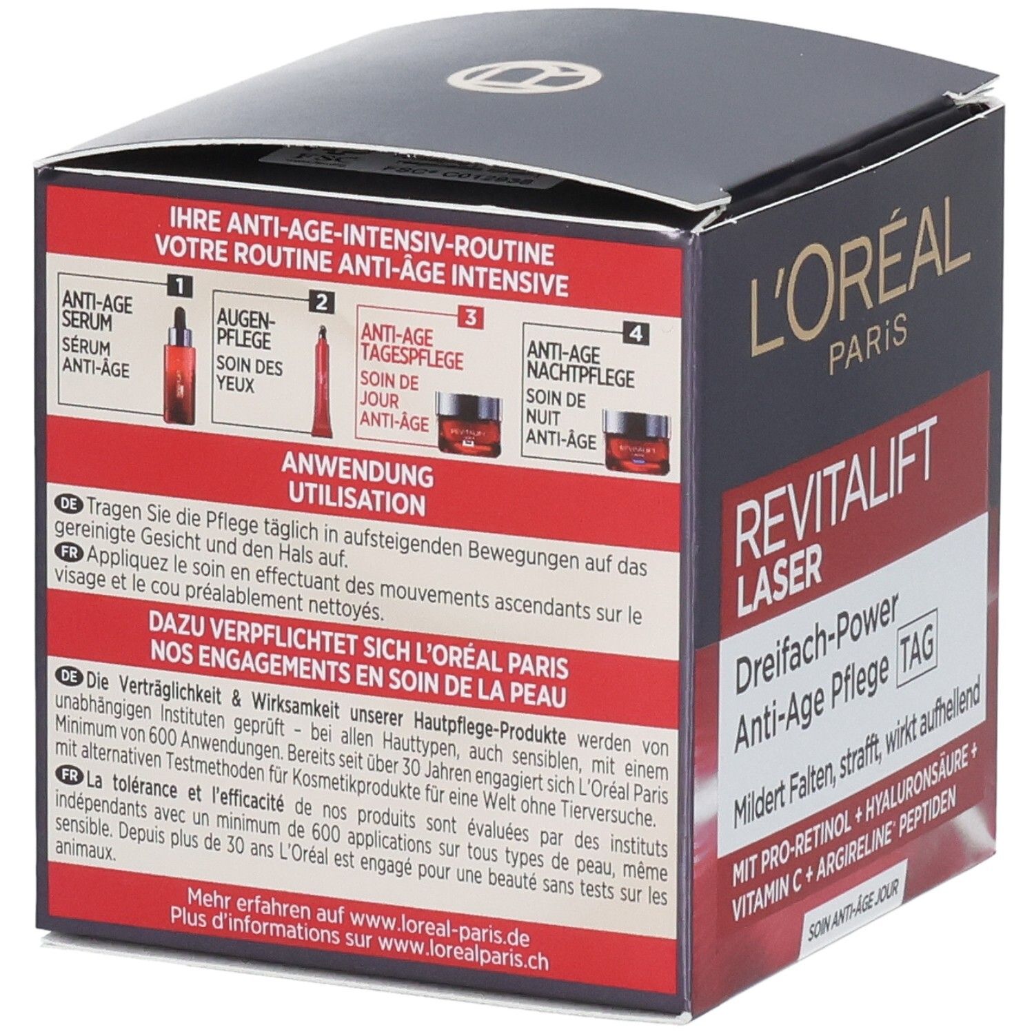 Arrière de l'emballage L'Oréal Revitalift Laser Soin de Jour avec instructions d'utilisation et informations produit.