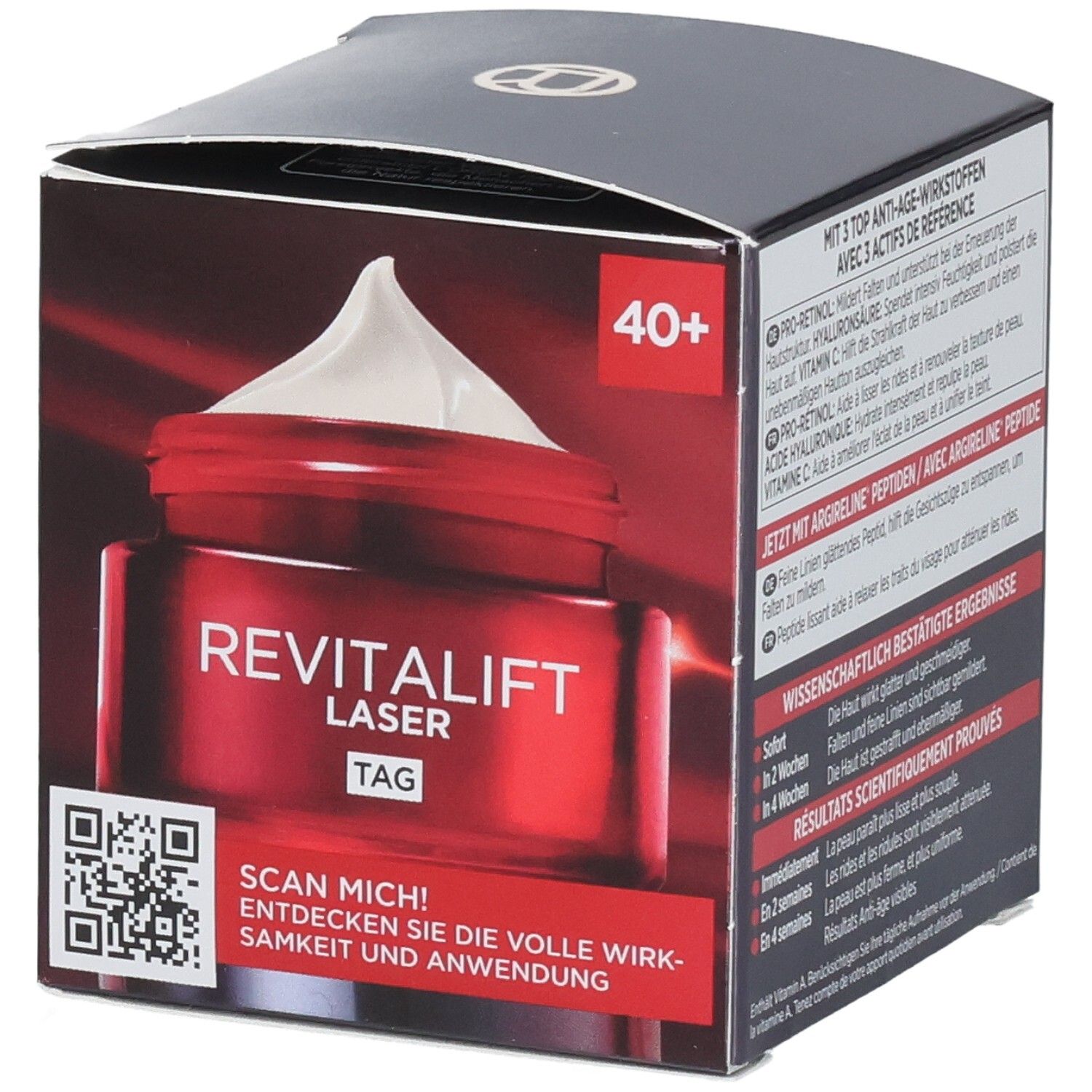 Emballage L'Oréal Revitalift Laser Soin de Jour Anti-Âge avec pot rouge et illustration du produit.