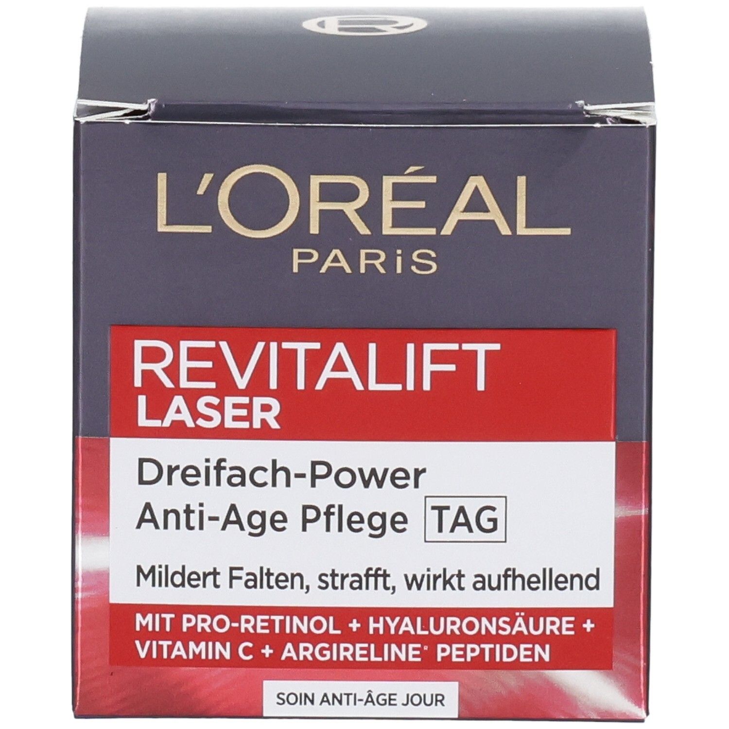 Face avant de l'emballage L'Oréal Revitalift Laser Soin de Jour avec nom du produit et domaine d'application.